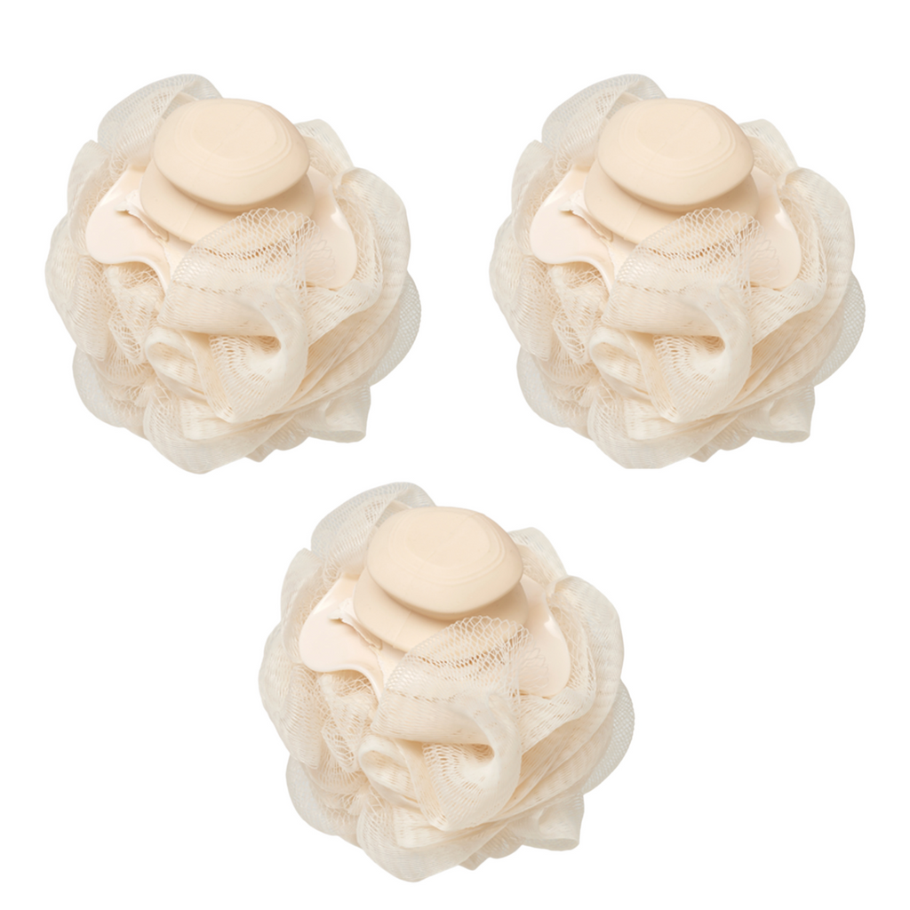 Spa Essentials 3-Pack Bath Poufs with Soap Dispenser - Exfoliating Mesh Bath Sponge Loofah