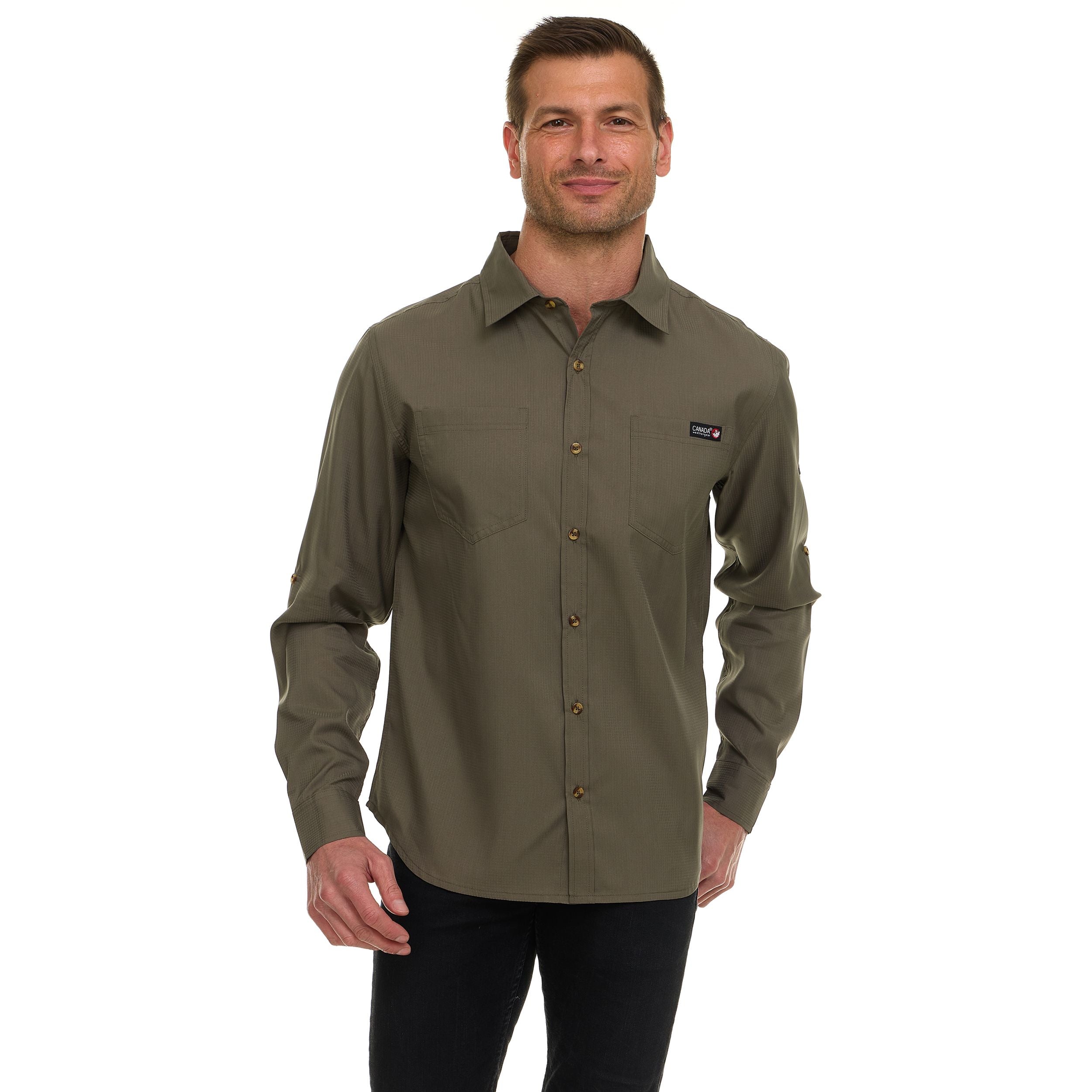 Canada Weather Gear Men’s Long Sleeve Ripstop Shirt – Roll-Up Sleeves, Dual Chest Pockets, Outdoor Lightweight Button-Down