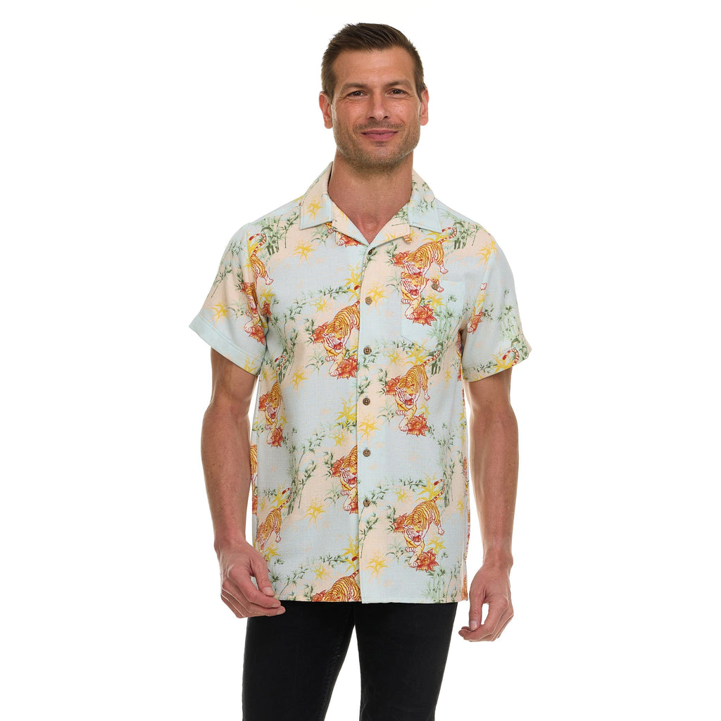 Super Triple Goose Men’s Textured Printed Camp Collar Shirt – Vintage-Inspired Stretch Shirt with Moisture Wicking & Easy Care