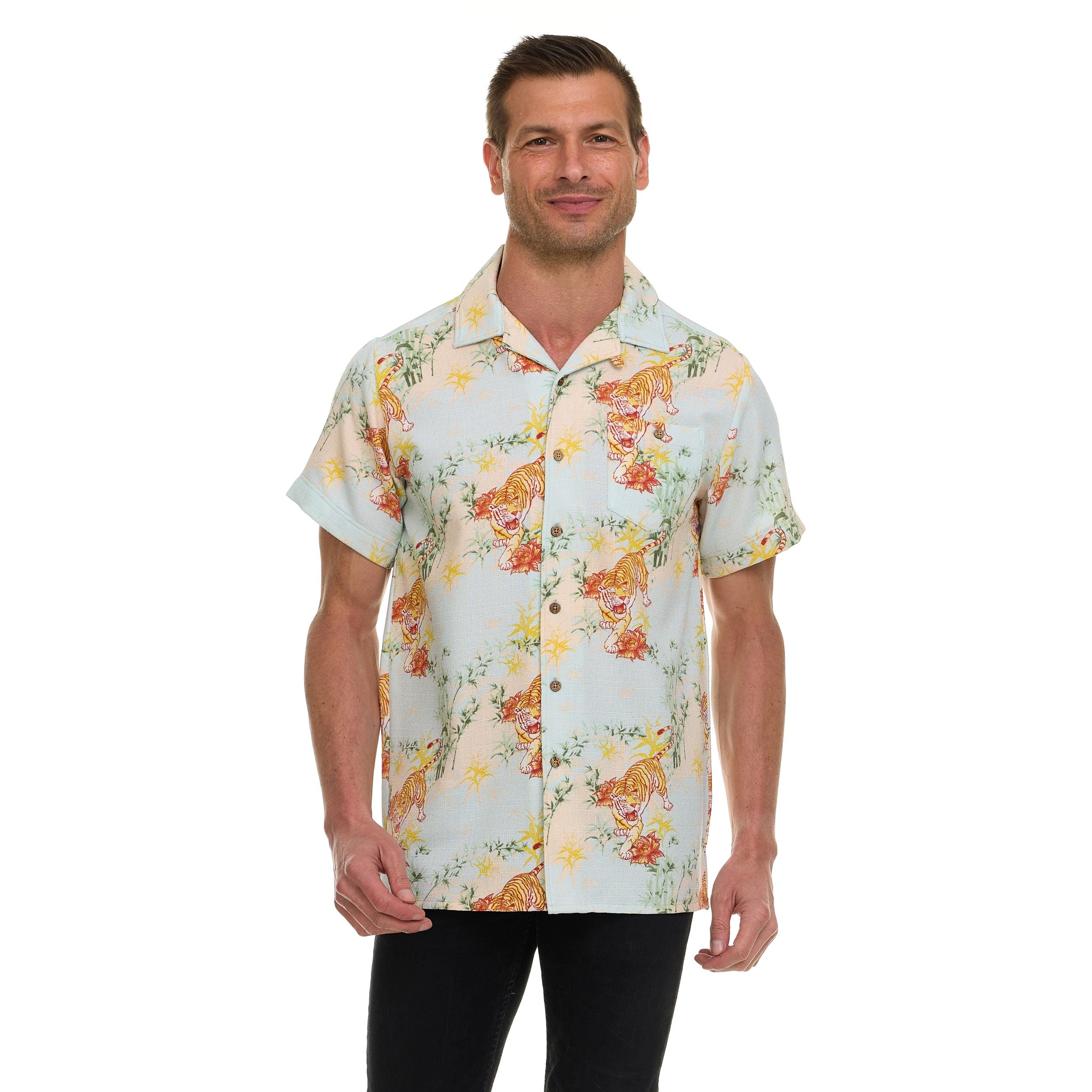Super Triple Goose Men’s Textured Printed Camp Collar Shirt – Vintage-Inspired Stretch Shirt with Moisture Wicking & Easy Care