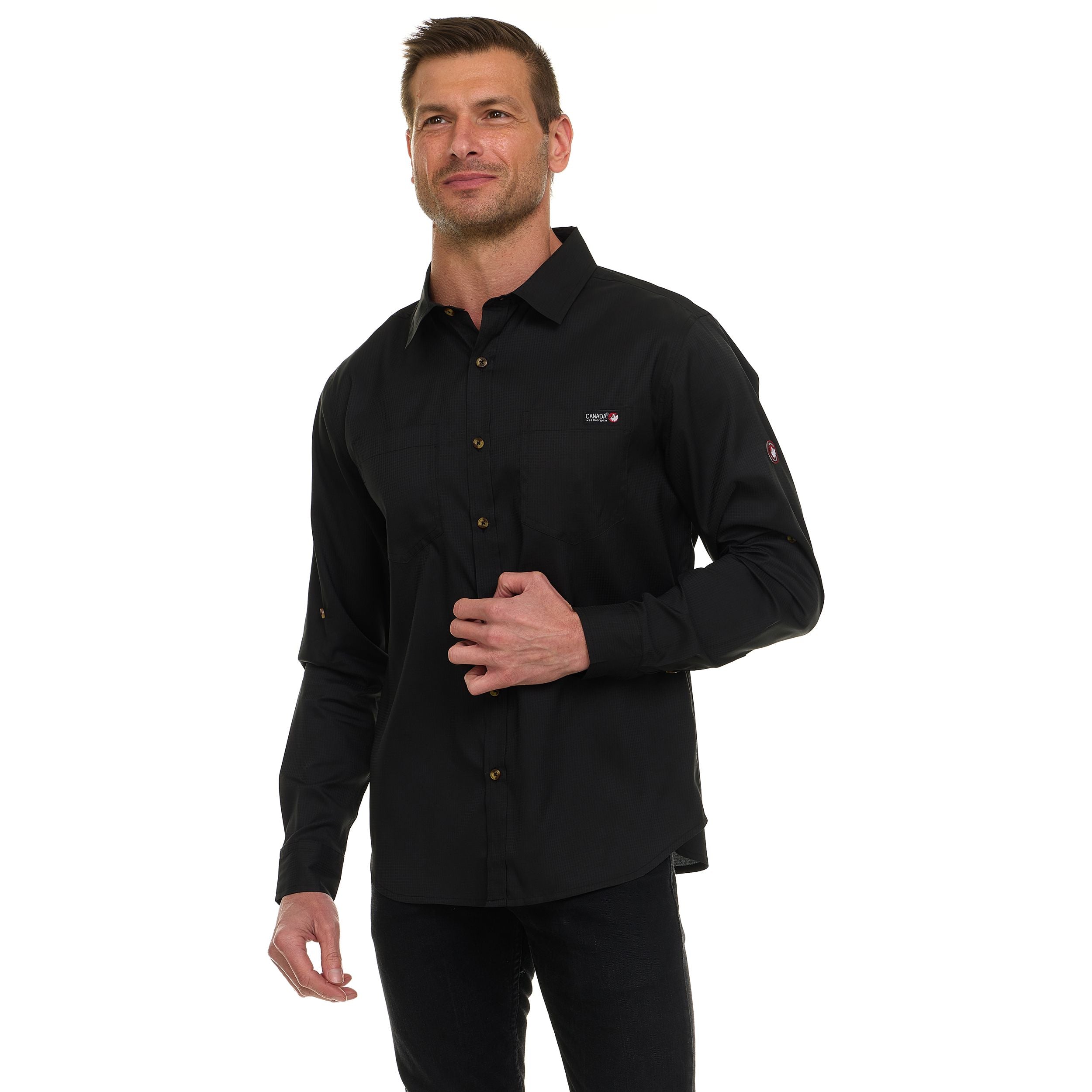 Canada Weather Gear Men’s Long Sleeve Ripstop Shirt – Roll-Up Sleeves, Dual Chest Pockets, Outdoor Lightweight Button-Down