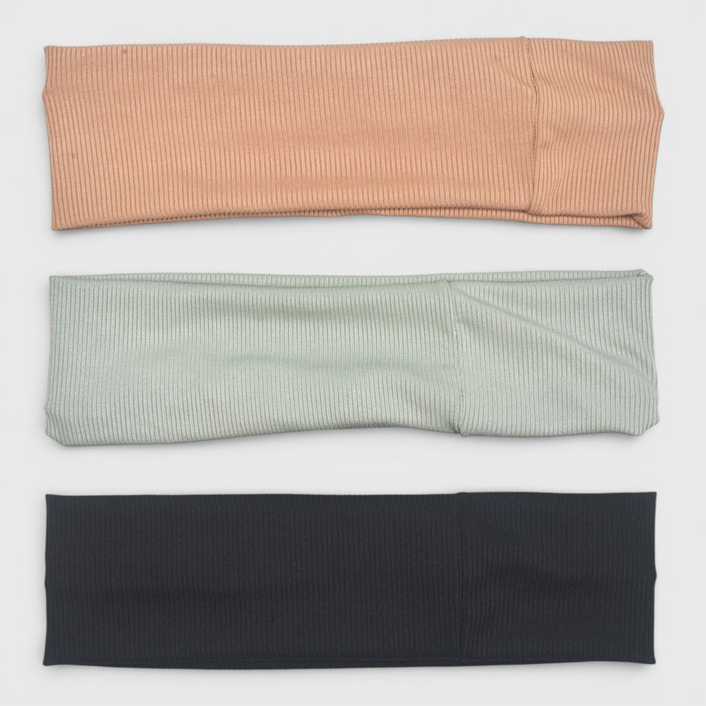 Hair Essentials 3pk Ribbed Headwraps in Camel, Sage Green, and Black