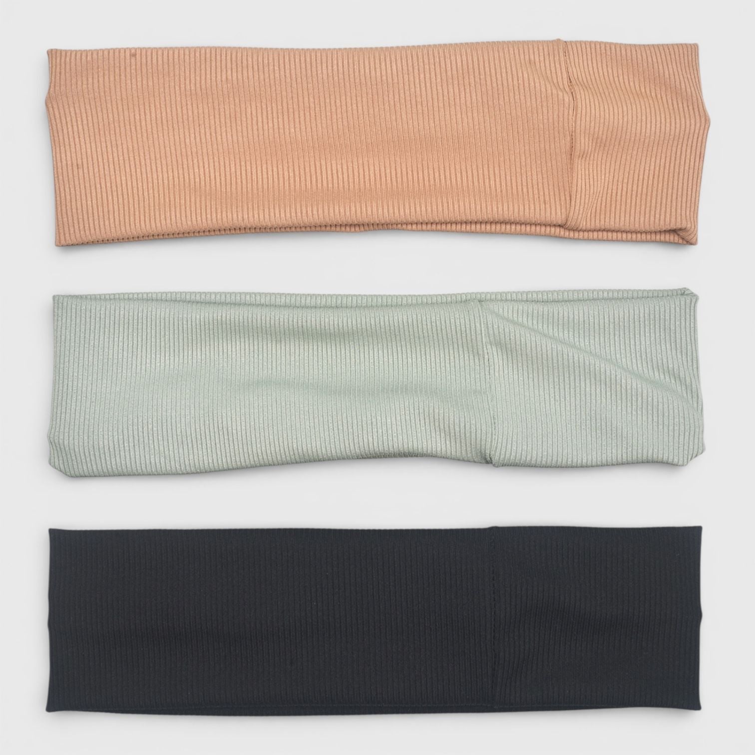 Hair Essentials 3pk Ribbed Headwraps in Camel, Sage Green, and Black