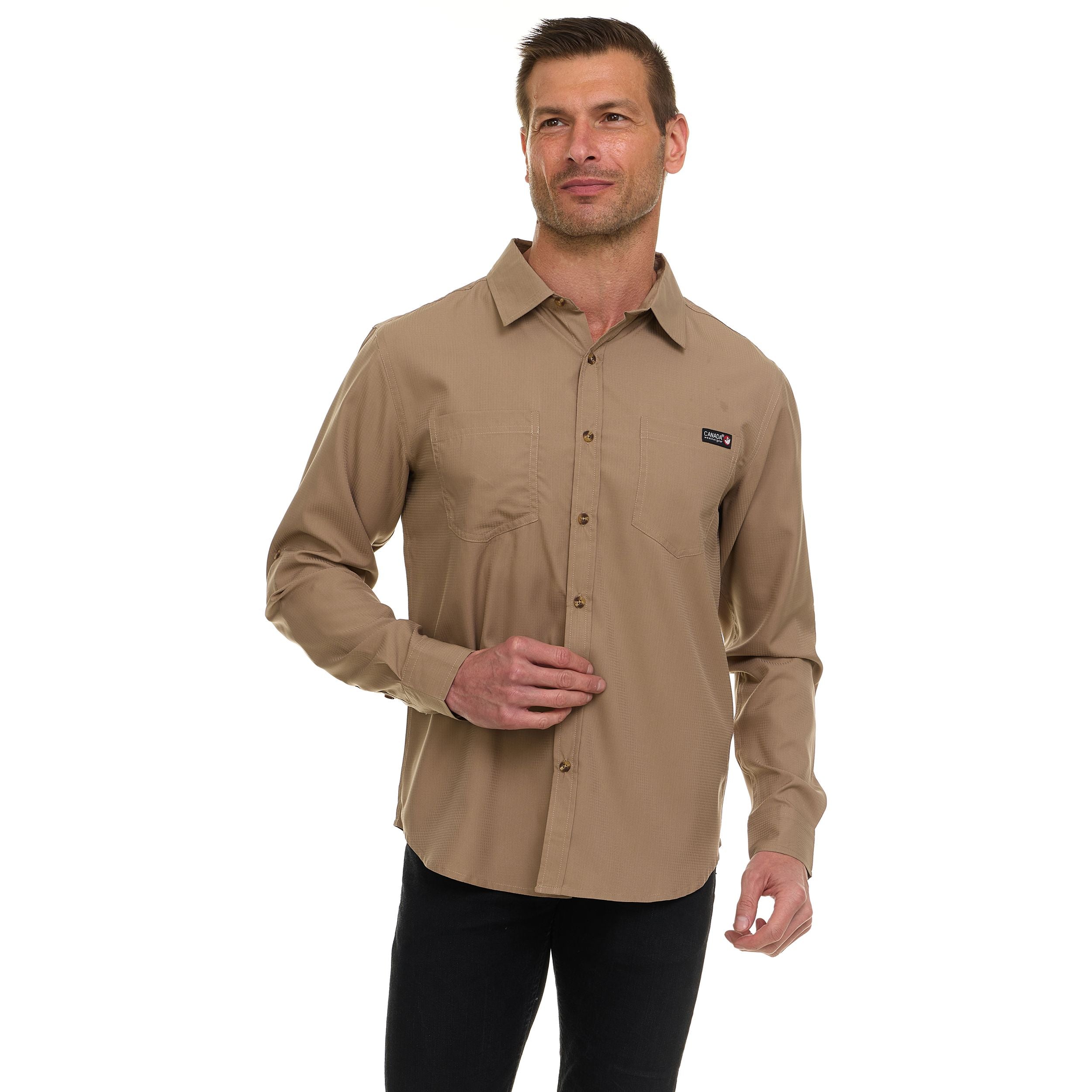 Canada Weather Gear Men’s Long Sleeve Ripstop Shirt – Roll-Up Sleeves, Dual Chest Pockets, Outdoor Lightweight Button-Down
