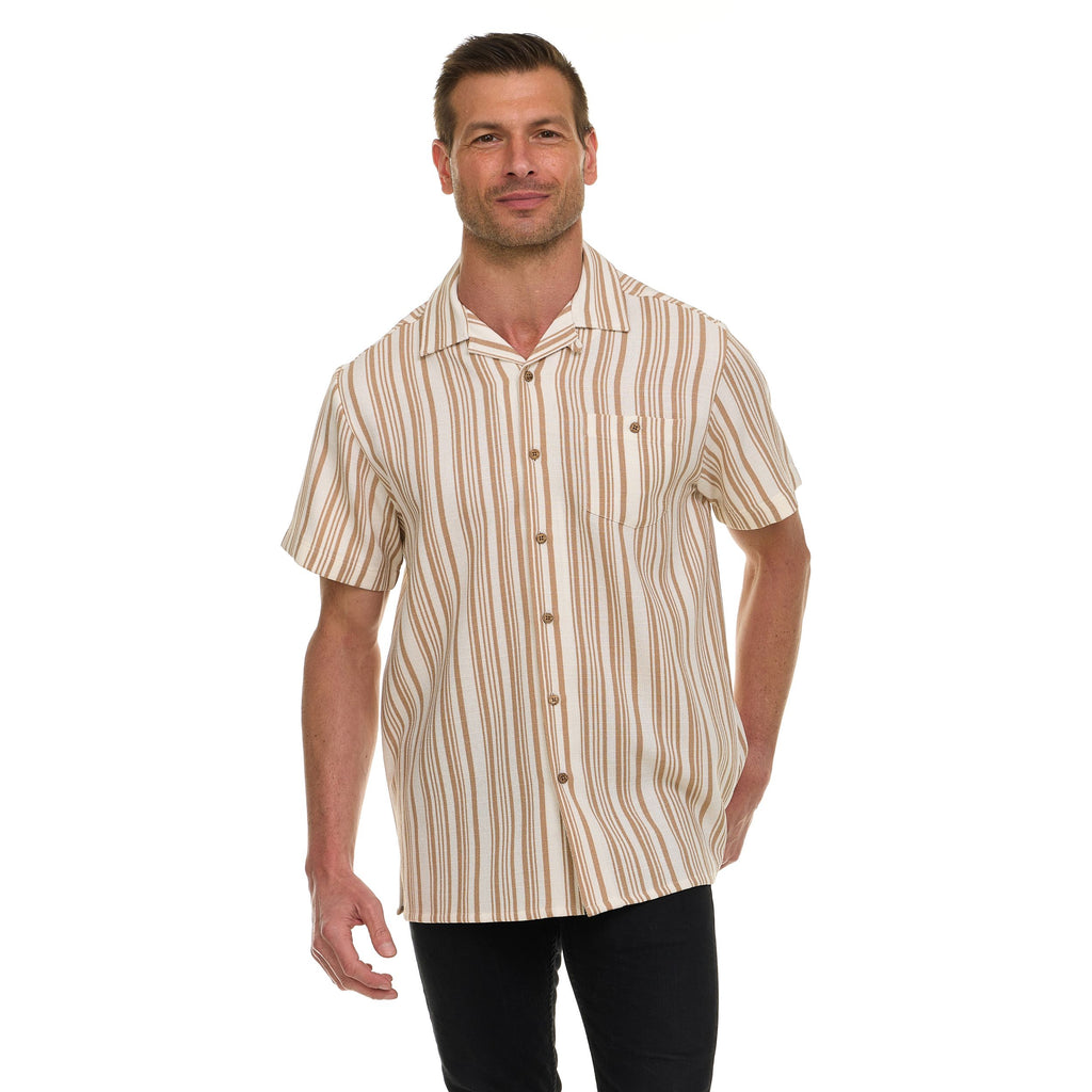 Super Triple Goose Men’s Short Sleeve Button-Up Shirt – Lightweight Striped Casual Shirt with Chest Pocket