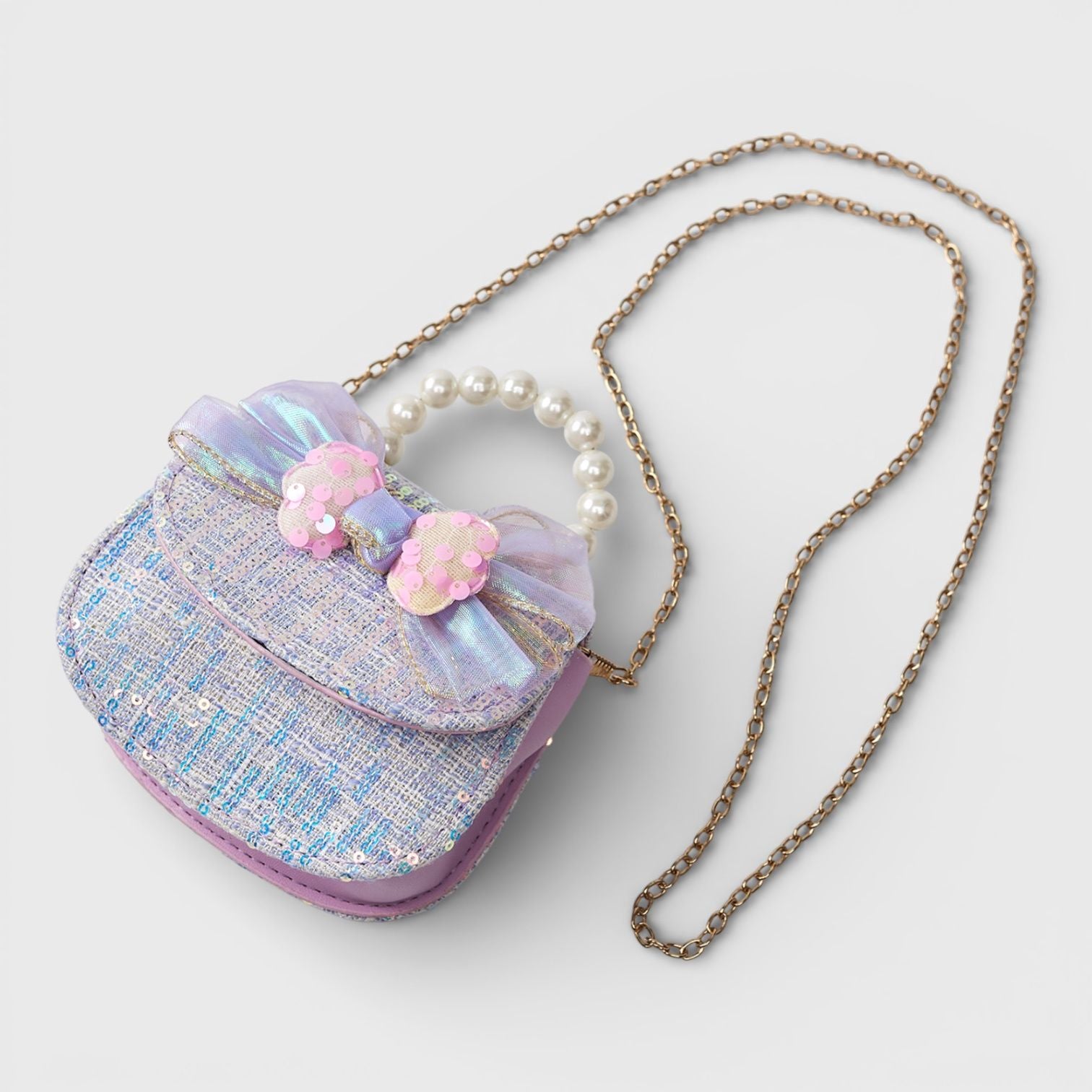 Willow & Ruby Girls' Iridescent Bow Sequin Top Handle Crossbody Bag - Purple/Blue