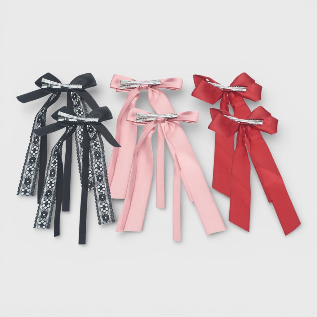 Willow & Ruby 6pk Mixed Satin & Lace Ribbon Hair Bows - Black/Pink/Red