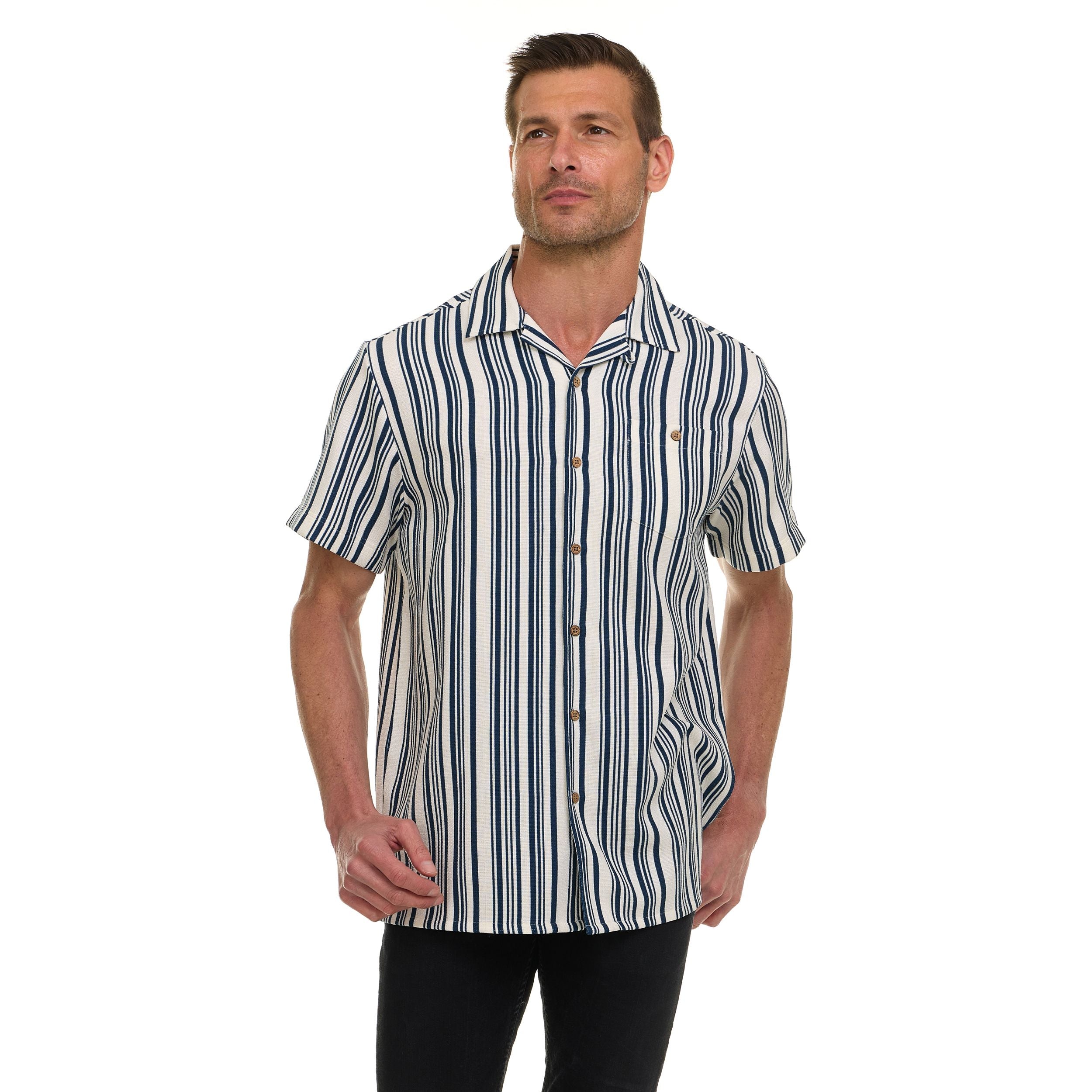 Super Triple Goose Men’s Short Sleeve Button-Up Shirt – Lightweight Striped Casual Shirt with Chest Pocket