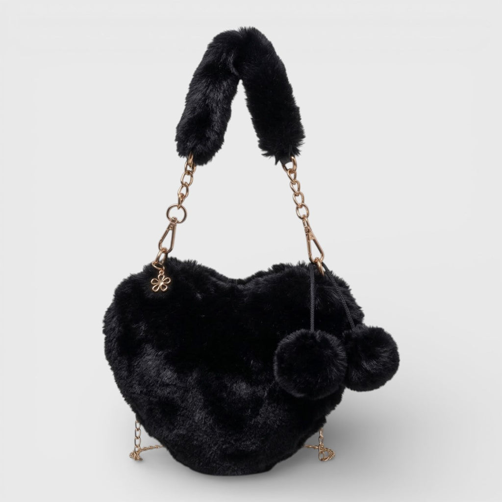 Willow & Ruby Girls Plush Fuzzy Heart Bag - Adorable Soft Faux Fur Shoulder Bag with Chain Strap and Pom-Poms, Perfect for Kids & Tweens, Black