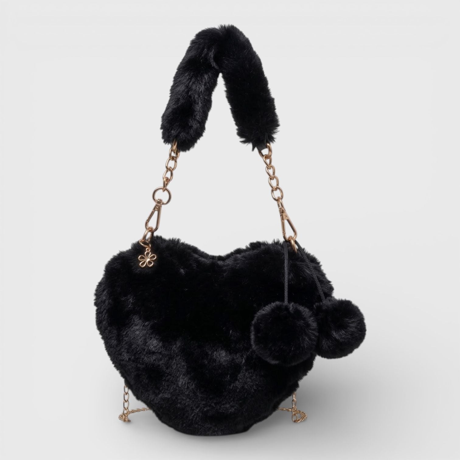 Willow & Ruby Girls Plush Fuzzy Heart Bag - Adorable Soft Faux Fur Shoulder Bag with Chain Strap and Pom-Poms, Perfect for Kids & Tweens, Black