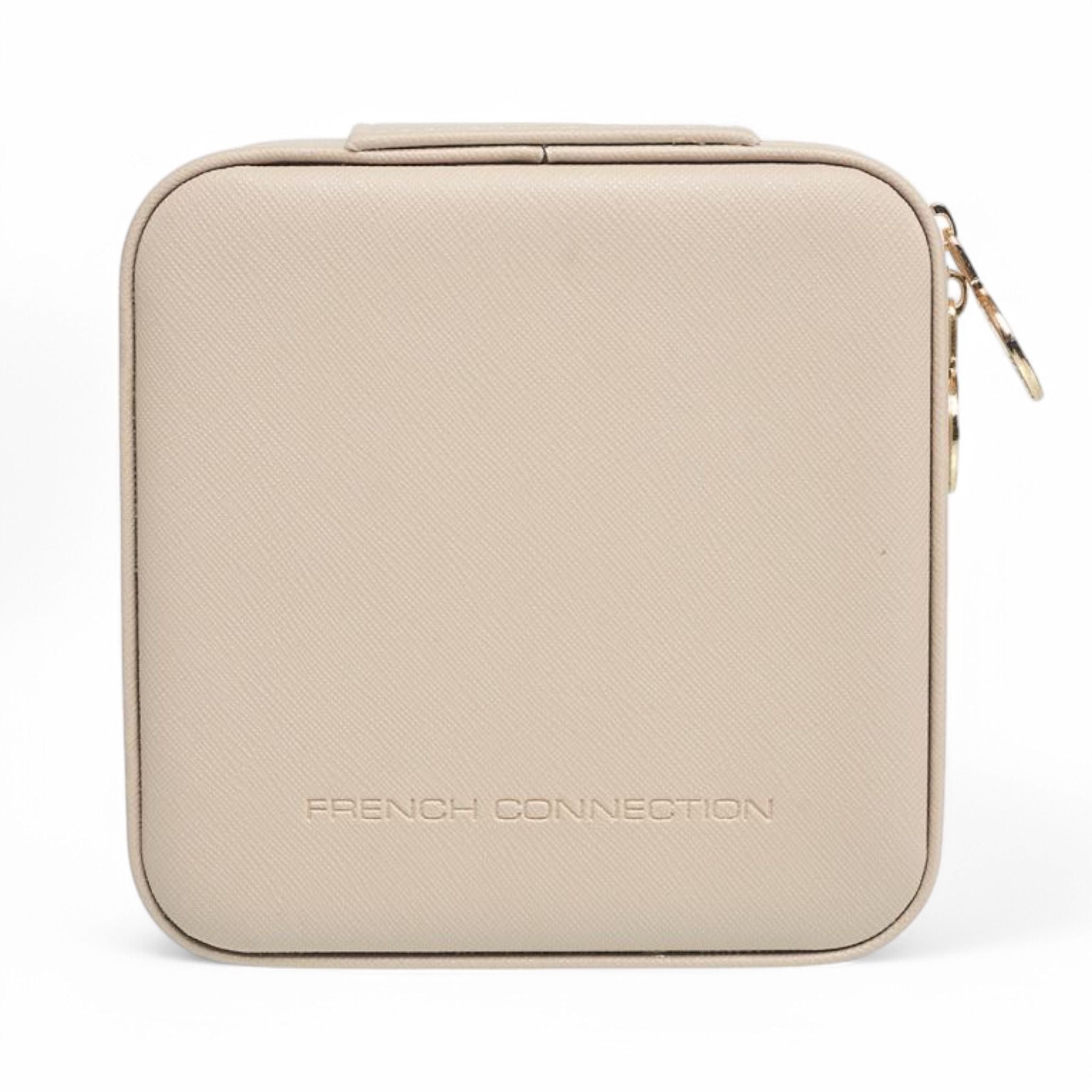 French Connection Large Travel Jewelry Box Organizer with Mirror – Faux Leather Storage for Rings, Earrings, Necklaces & Bracelets