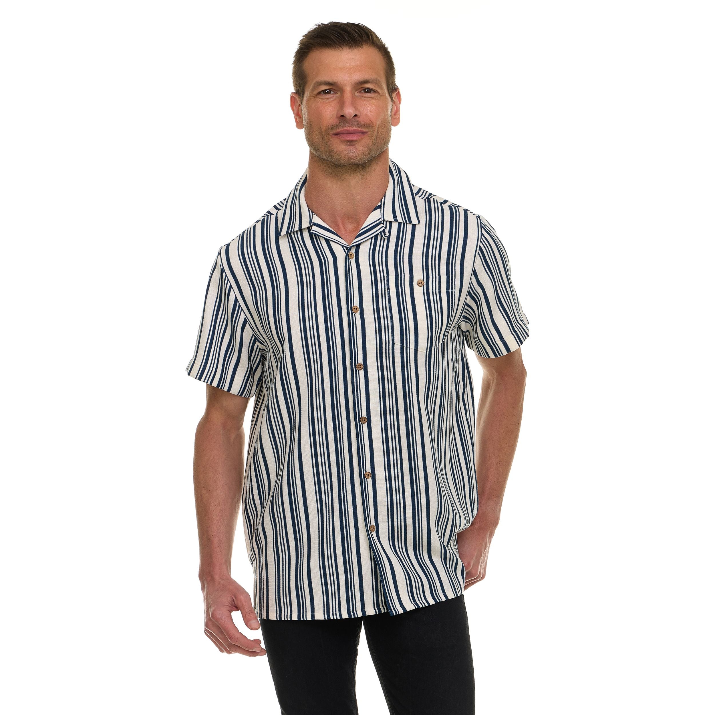 Super Triple Goose Men’s Short Sleeve Button-Up Shirt – Lightweight Striped Casual Shirt with Chest Pocket