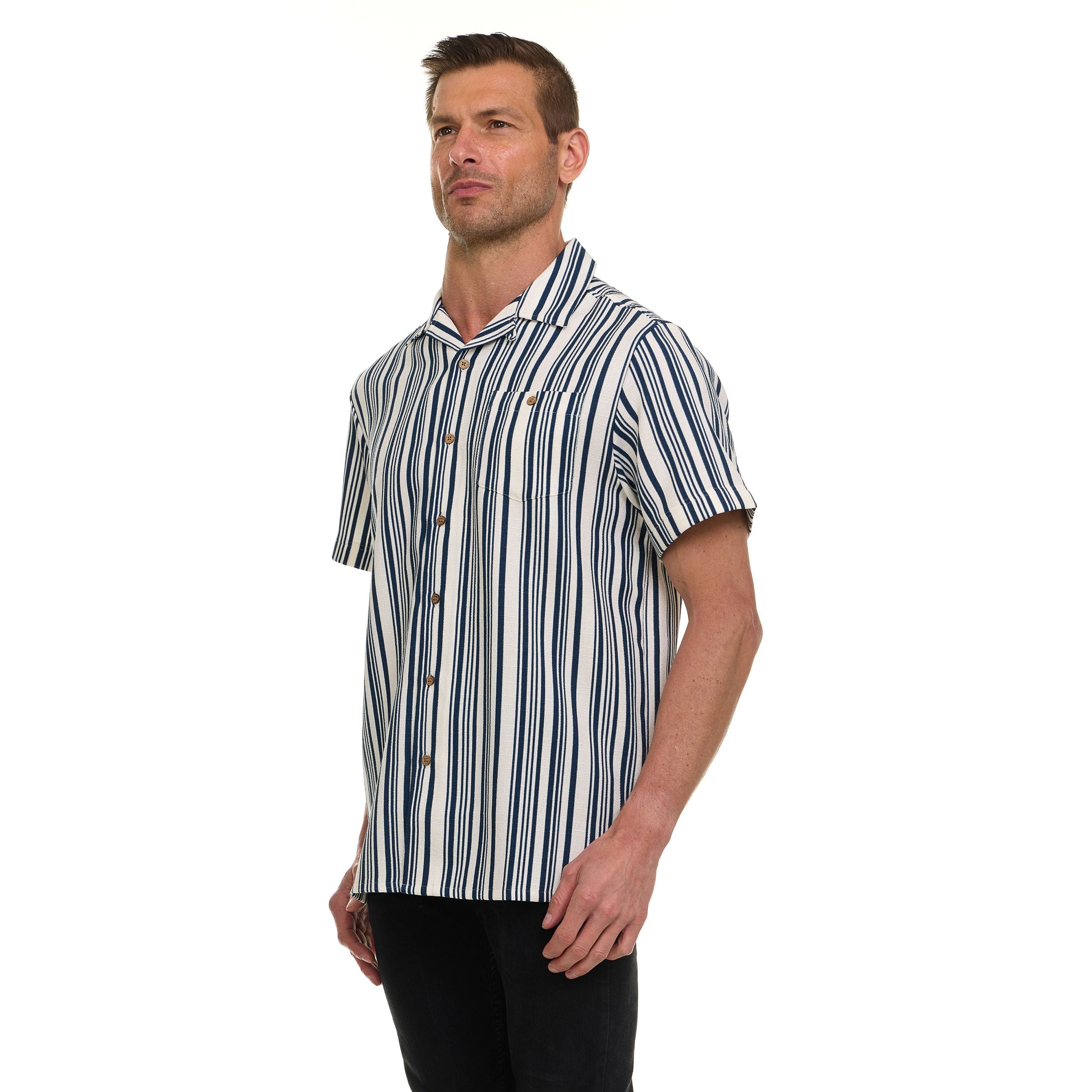 Super Triple Goose Men’s Short Sleeve Button-Up Shirt – Lightweight Striped Casual Shirt with Chest Pocket