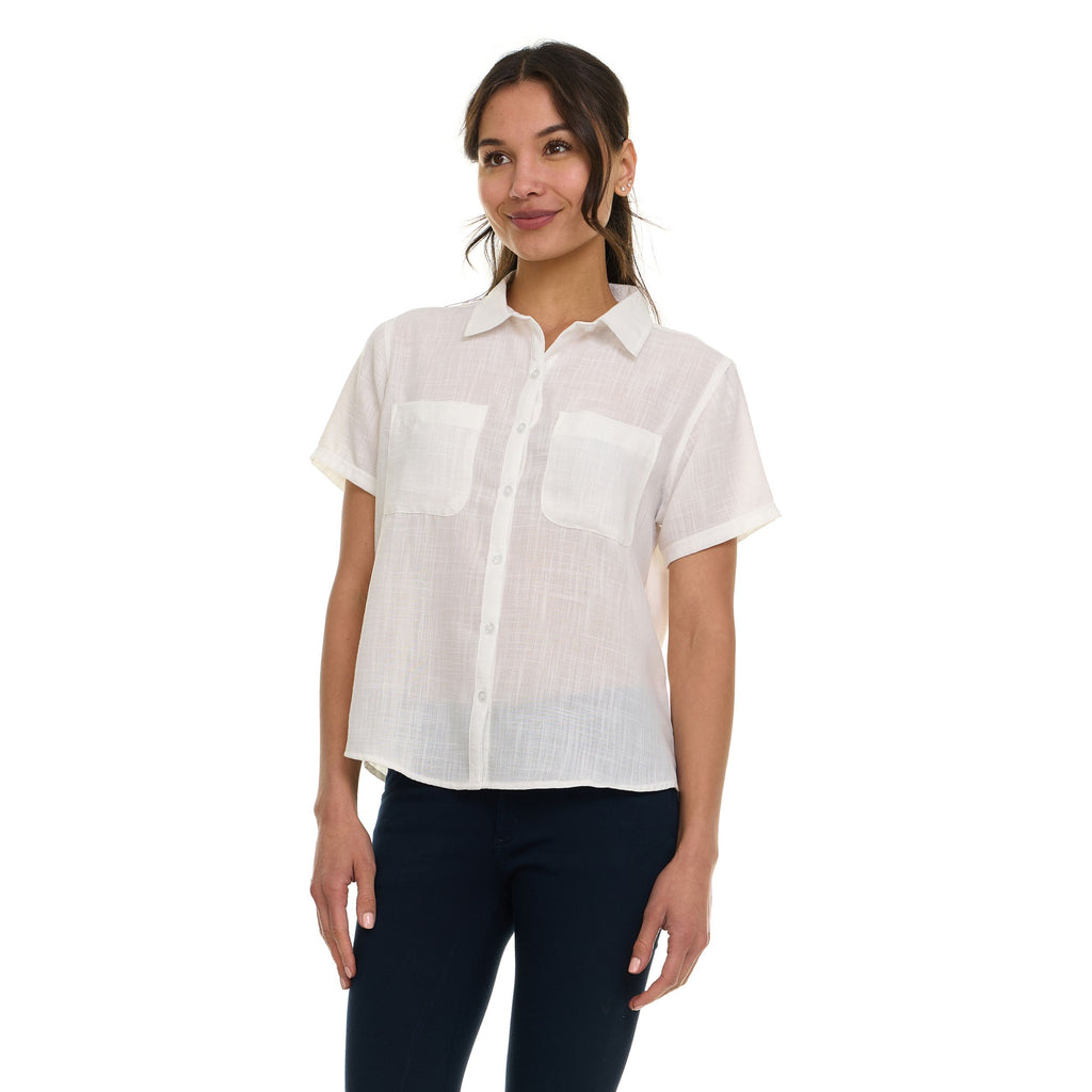 Super Triple Goose Women’s Short Sleeve Linen Shirt – Lightweight Button-Up Collared Blouse with Front Pockets