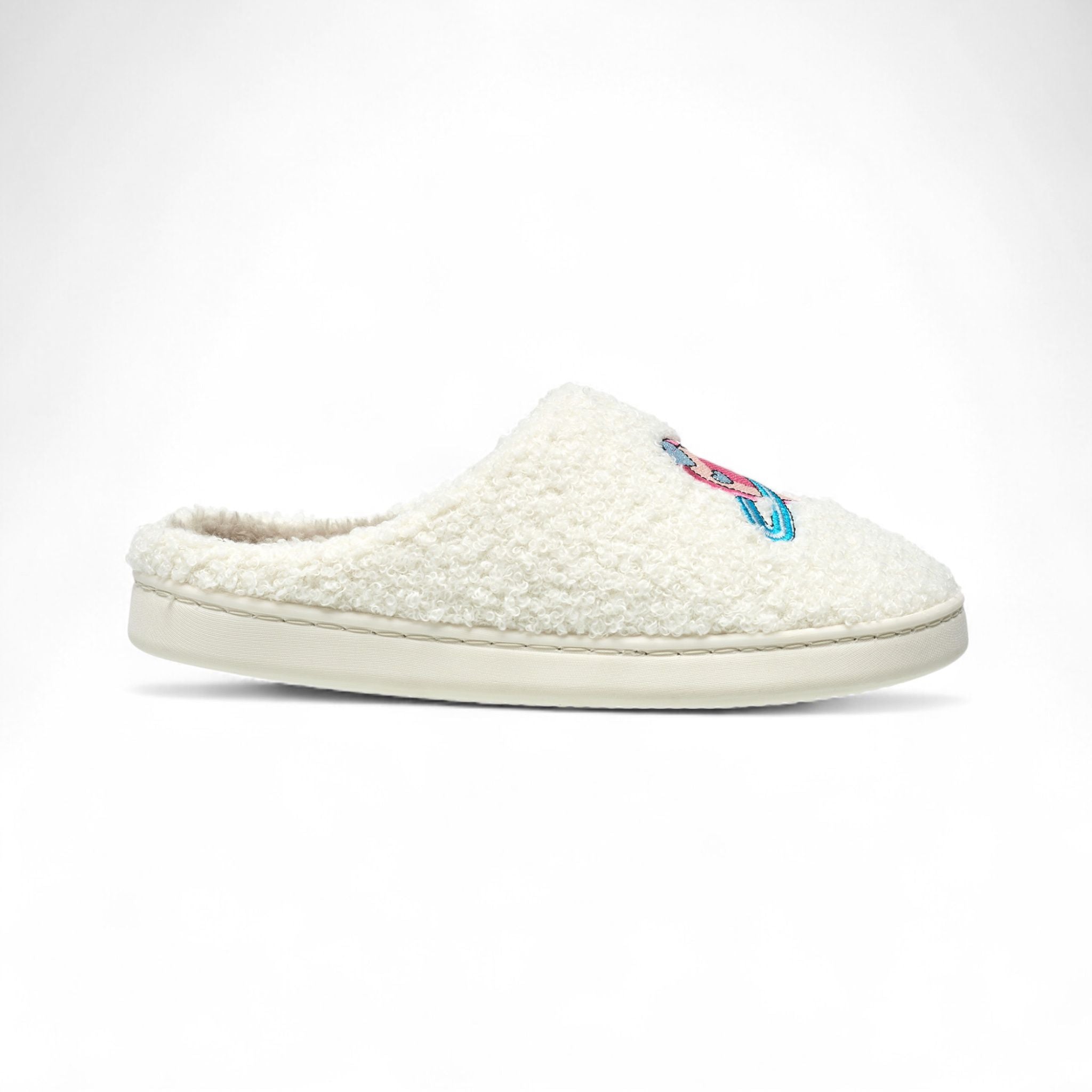 Aéropostale Women’s Fuzzy “Galaxy Heart” Mule Slippers – Ivory Slip-On House Shoes with Pink Heart-Planet & Blue Ring Embroidery