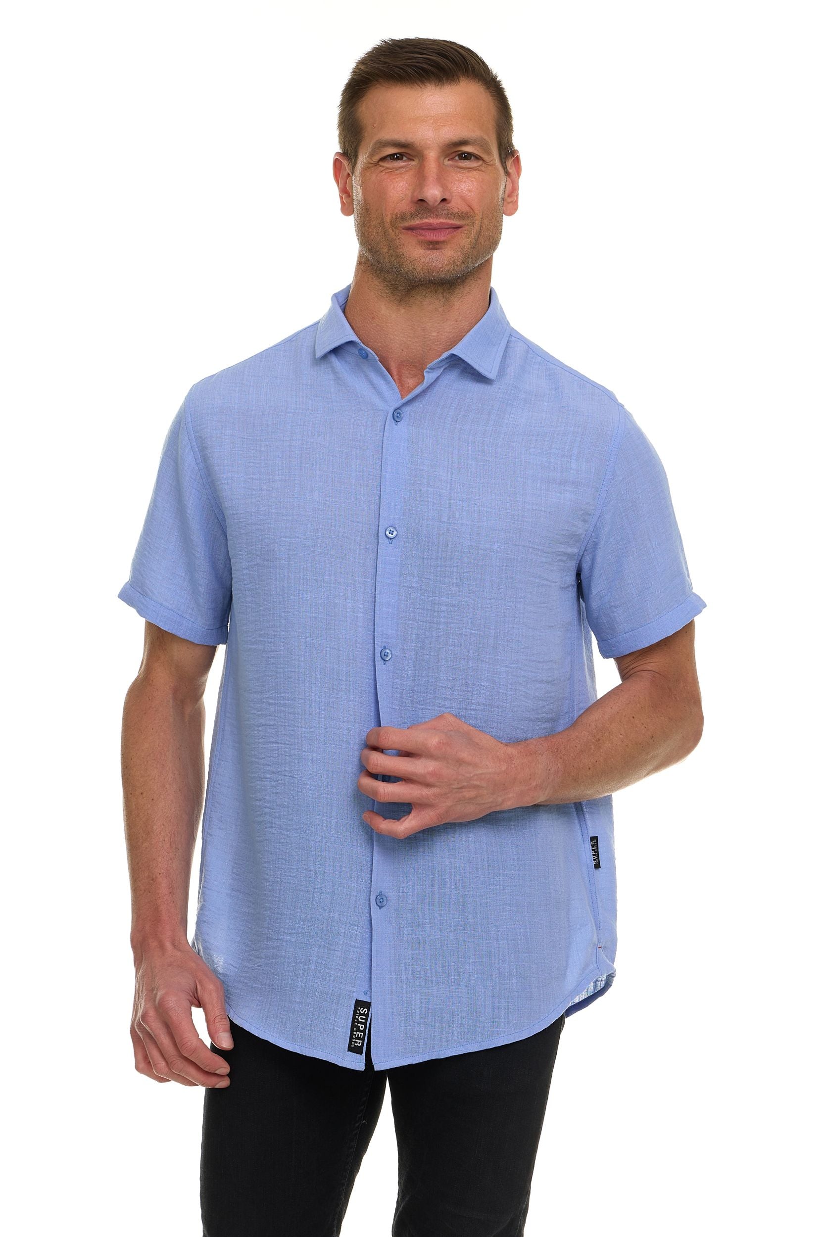 Canada Weather Gear Men’s Linen Look Short Sleeve Button-Up Shirt – Lightweight Collared Casual Shirt for Summer