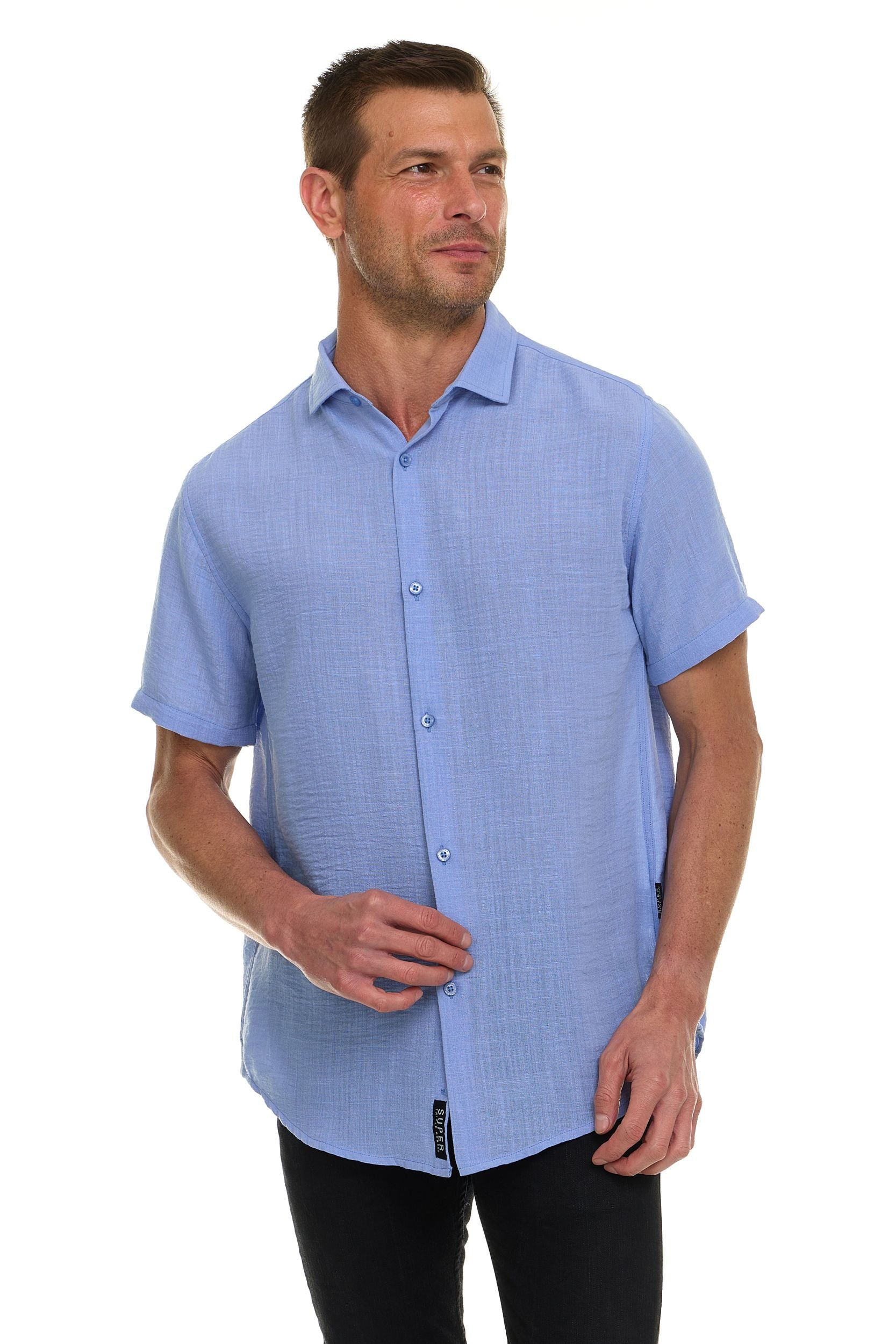Canada Weather Gear Men’s Linen Look Short Sleeve Button-Up Shirt – Lightweight Collared Casual Shirt for Summer