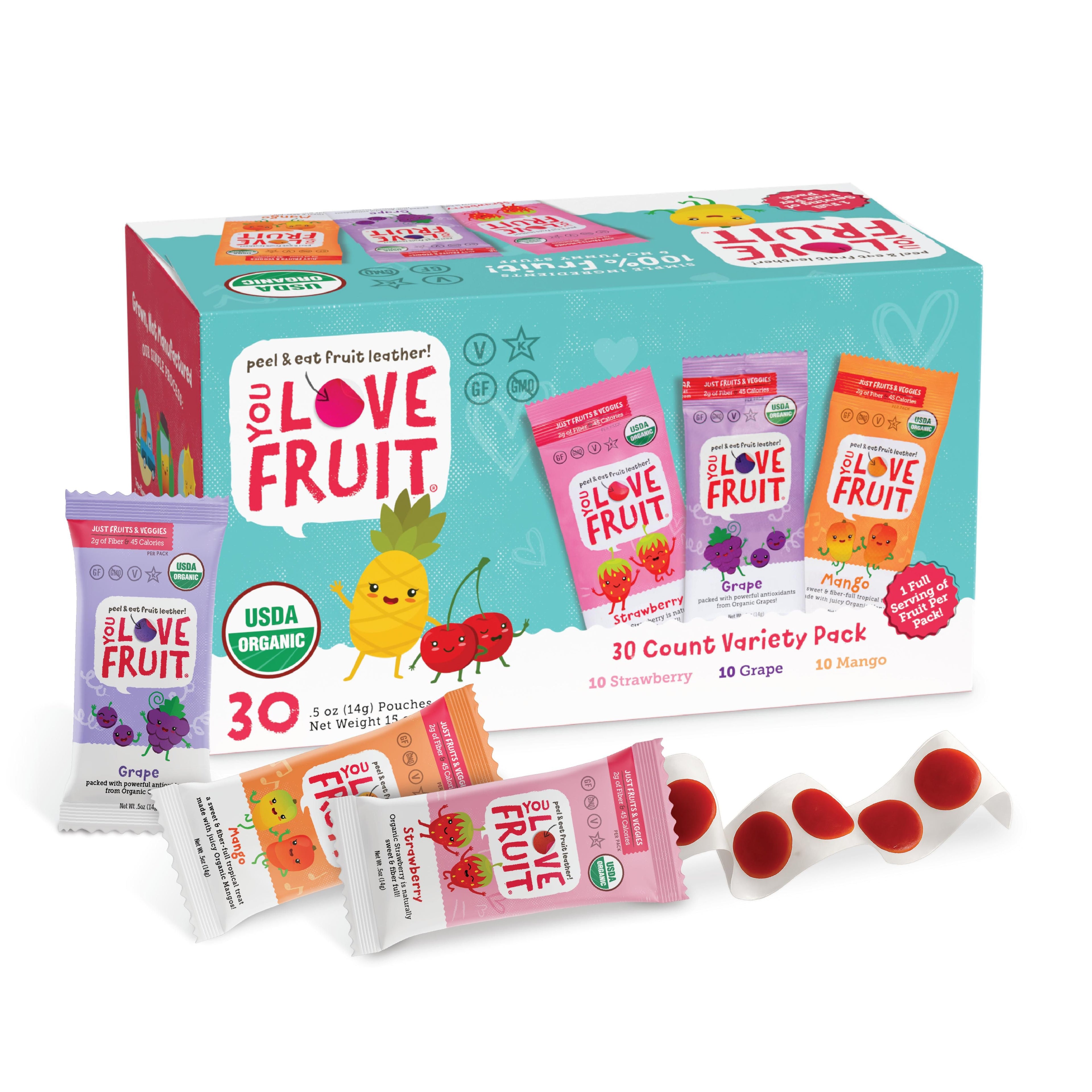 YOU LOVE FRUIT Organic Fruit Snacks Variety Box — 30 Count (3 flavors per box)