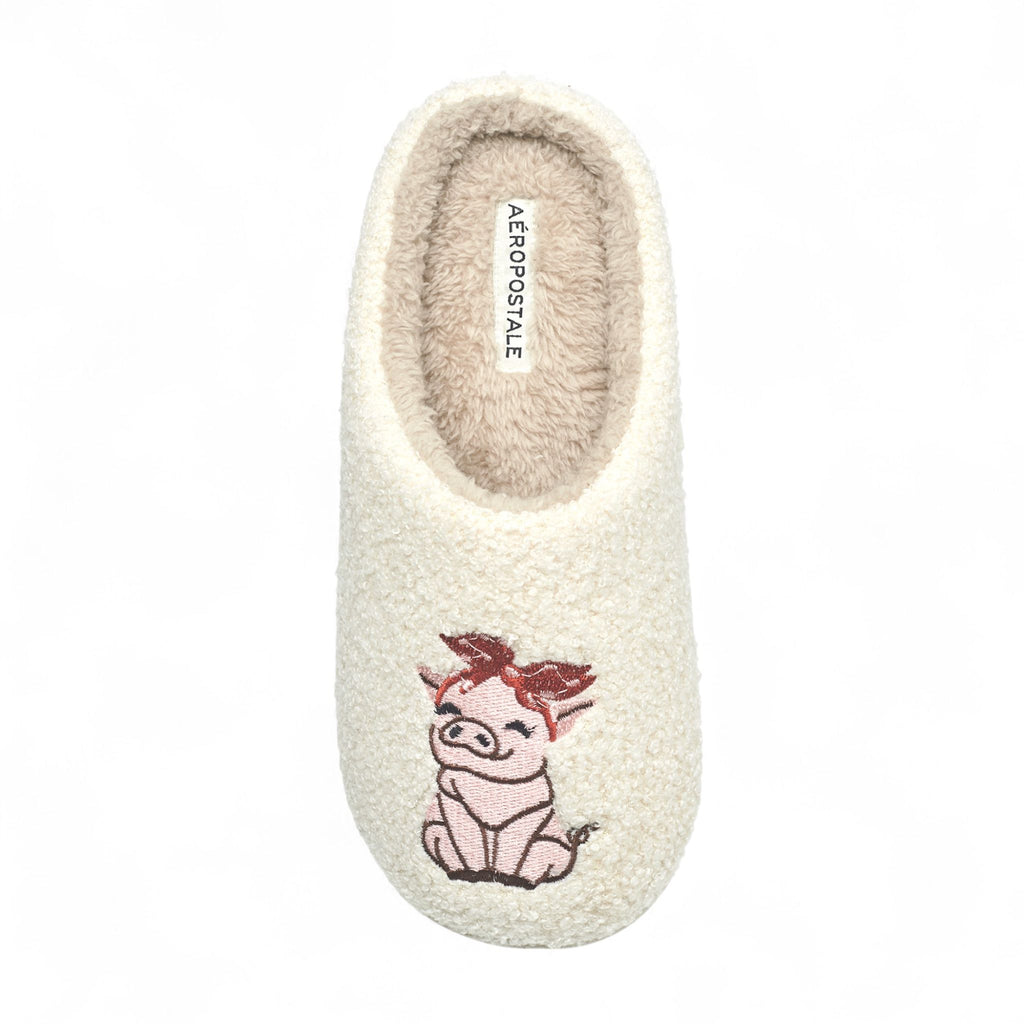 Aéropostale Women’s Fuzzy Pig Mule Slippers – Ivory Slip-On House Shoes with Cute Pink Pig & Red Bow Embroidery