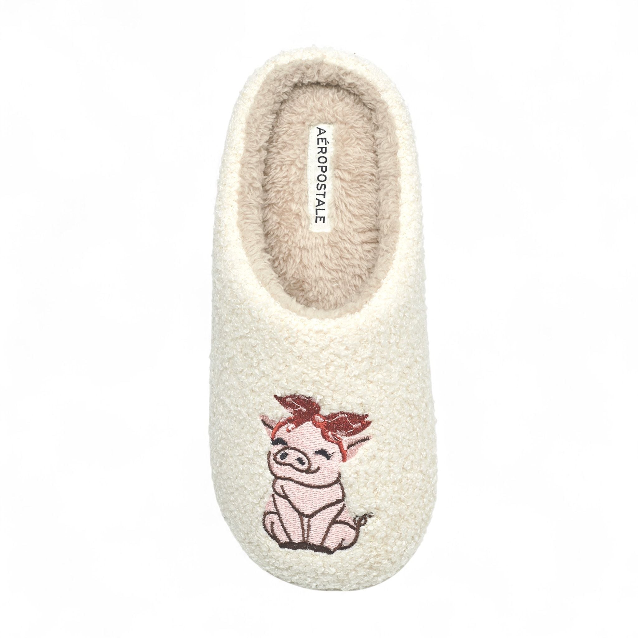 Aéropostale Women’s Fuzzy Pig Mule Slippers – Ivory Slip-On House Shoes with Cute Pink Pig & Red Bow Embroidery