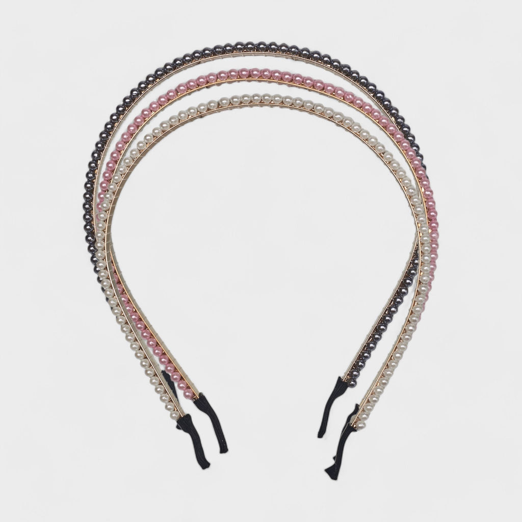 Hair Essentials Women's 3-Pack Pearl Embellished Headbands - Multi-Color (Pink, White, Gray) - Women's Hair Accessories for Stylish Everyday Looks