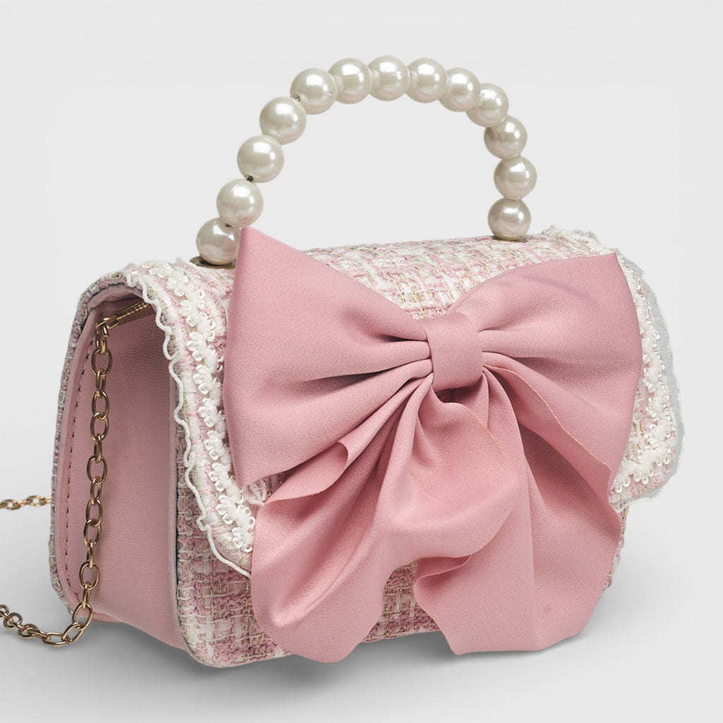 Willow & Ruby Girls' Pink Tweed Bow Crossbody Bag with Pearl Handle