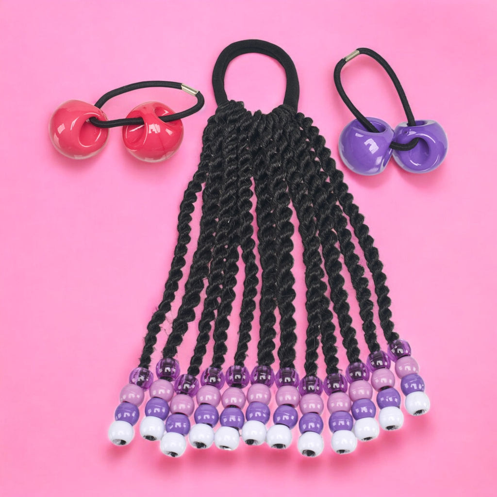Willow & Ruby Kid's 2-Piece Ponytail Set - Beaded Synthetic Braided Hair Extensions Ponytail Holder with Knocker Bubble Hair Ties