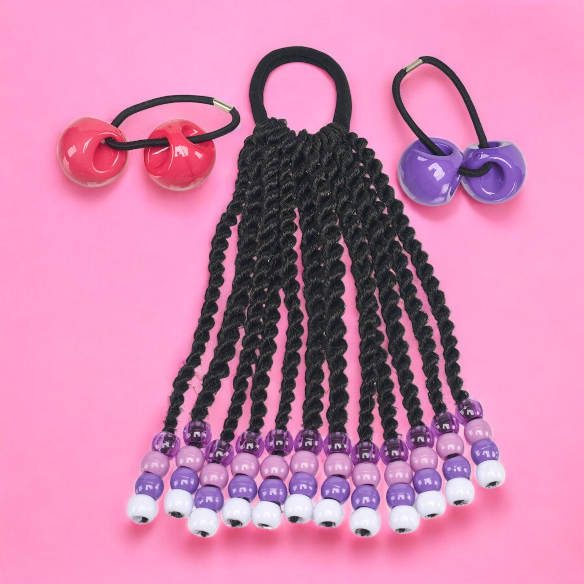 Willow & Ruby Kid's 2-Piece Ponytail Set - Beaded Synthetic Braided Hair Extensions Ponytail Holder with Knocker Bubble Hair Ties