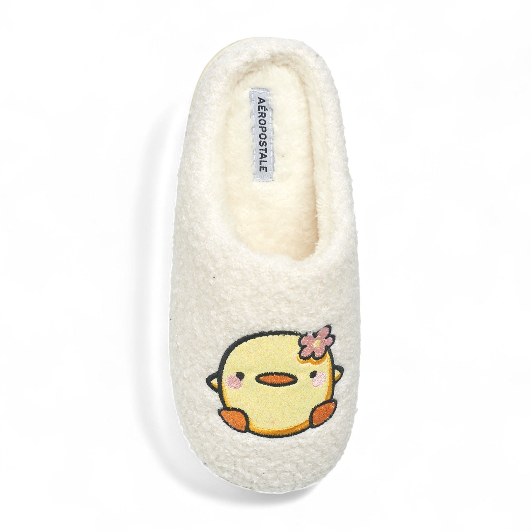 Aéropostale Women’s Fuzzy Chick Mule Slippers – Ivory Slip-On House Shoes with Yellow Embroidered Chick & Flower