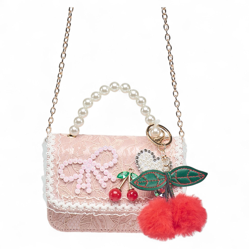 Willow & Ruby Girls' Pink Lace Mini Crossbody Bag with Pearl Handle and Cherry Charm