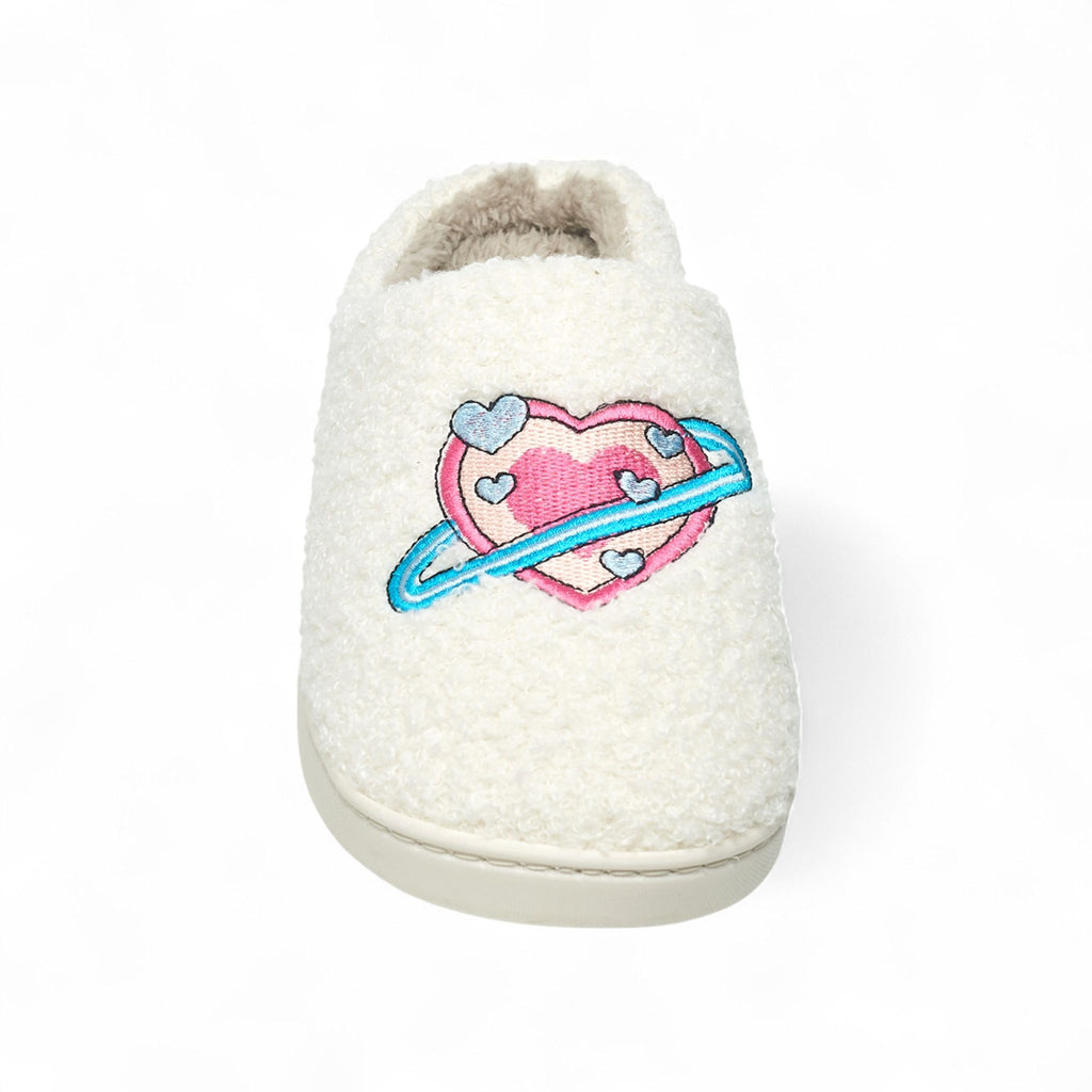 Aéropostale Women’s Fuzzy “Galaxy Heart” Mule Slippers – Ivory Slip-On House Shoes with Pink Heart-Planet & Blue Ring Embroidery
