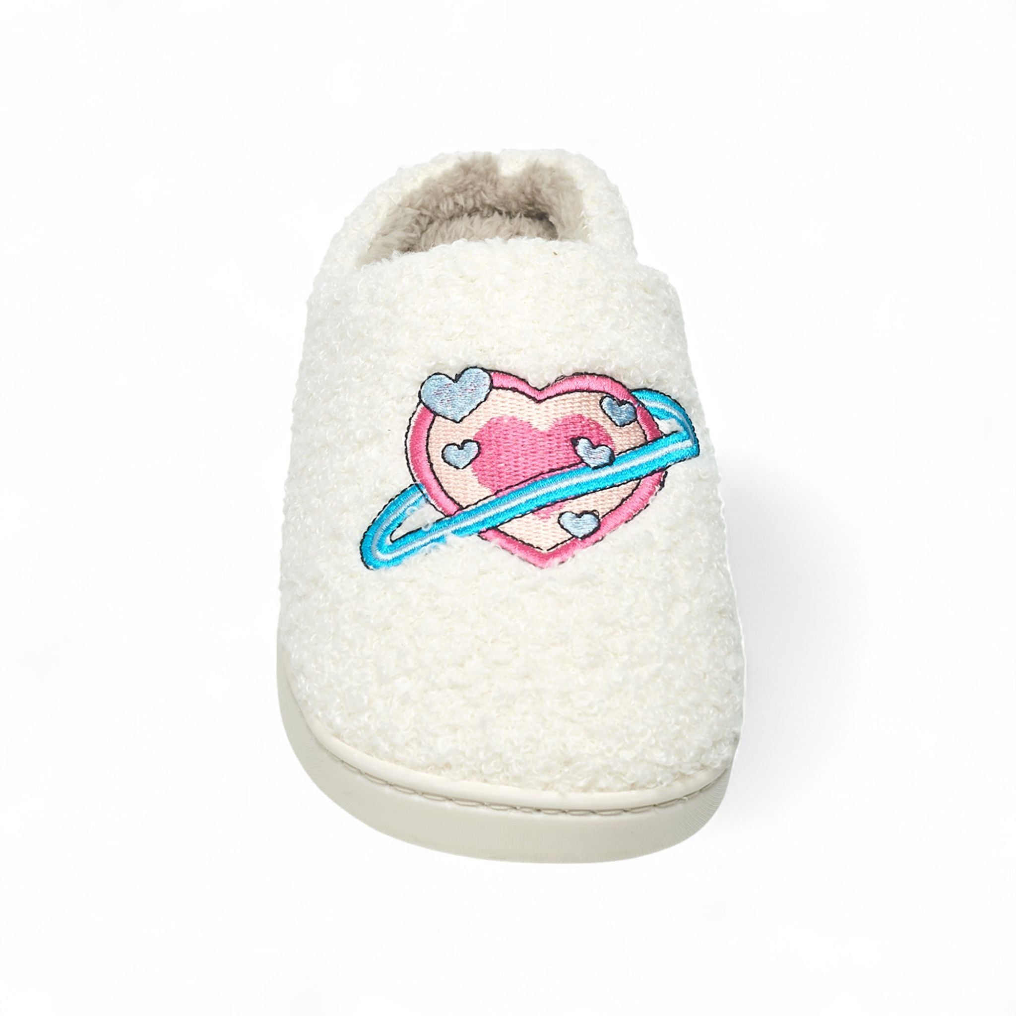 Aéropostale Women’s Fuzzy “Galaxy Heart” Mule Slippers – Ivory Slip-On House Shoes with Pink Heart-Planet & Blue Ring Embroidery