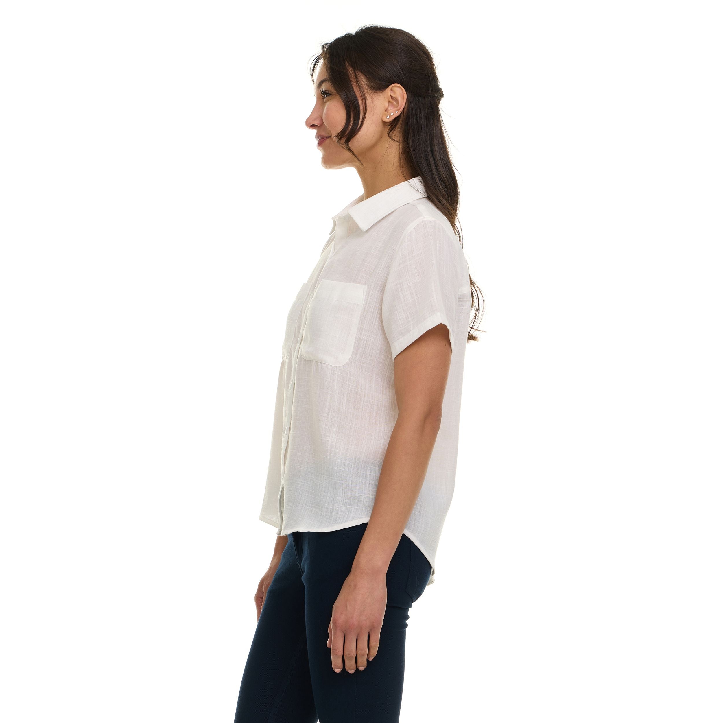 Super Triple Goose Women’s Short Sleeve Linen Shirt – Lightweight Button-Up Collared Blouse with Front Pockets