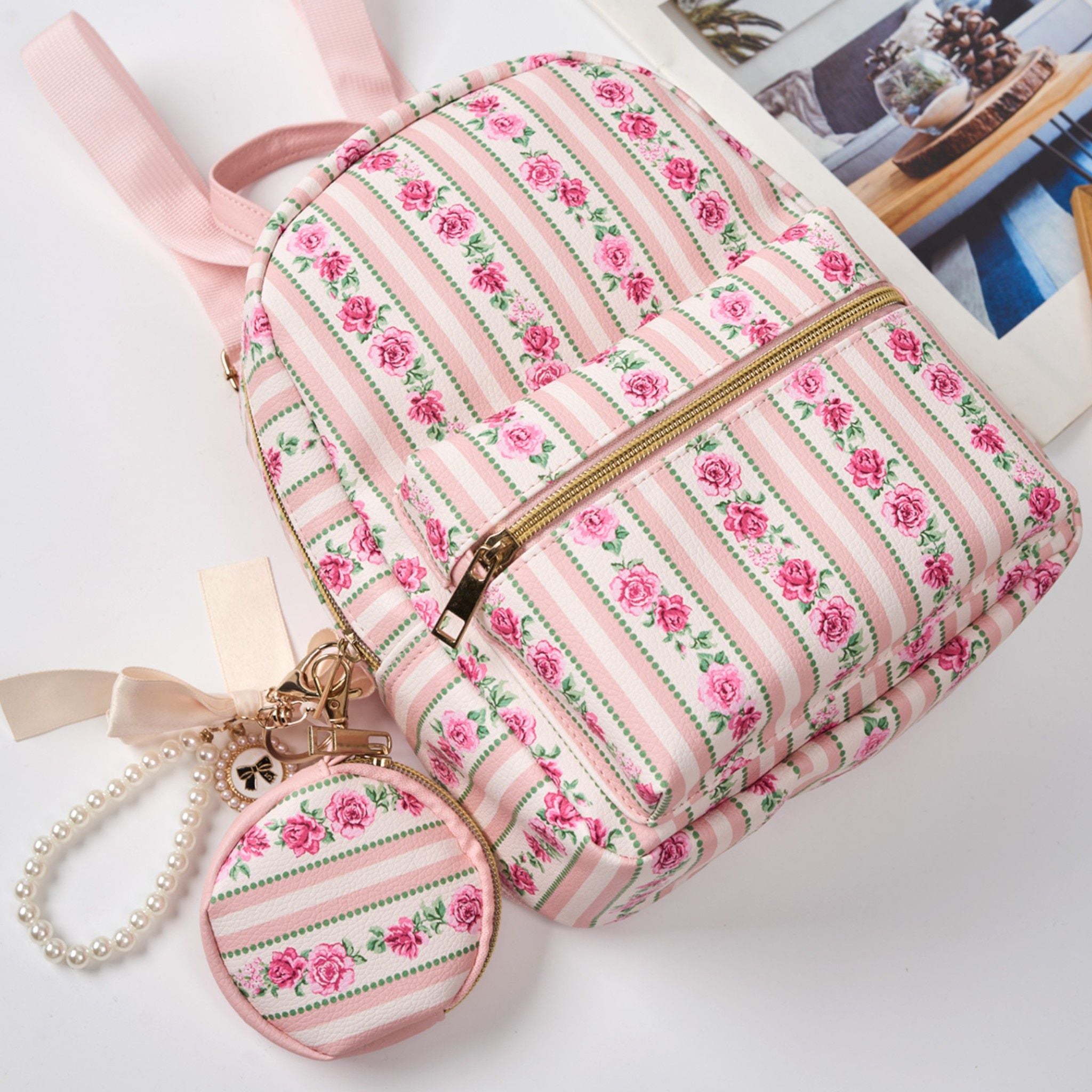 A Little Obsessed Girl's Floral Garden Party Backpack Set with Matching Coin Purse & Pearl Keychain – Cute Mini Backpack for Kids