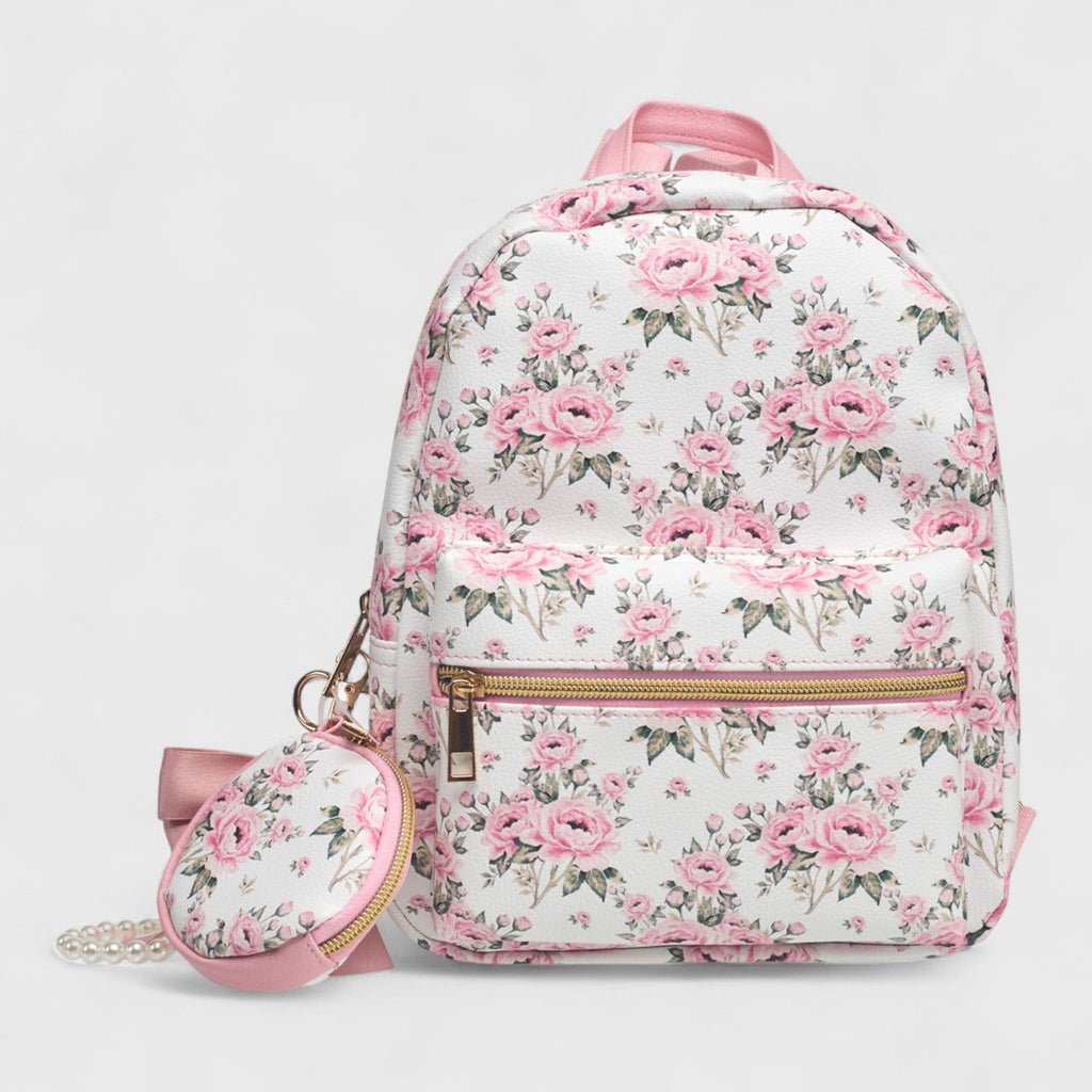 A Little Obsessed Girl's Floral Garden Party Backpack Set with Matching Coin Purse & Pearl Keychain – Cute Mini Backpack for Kids