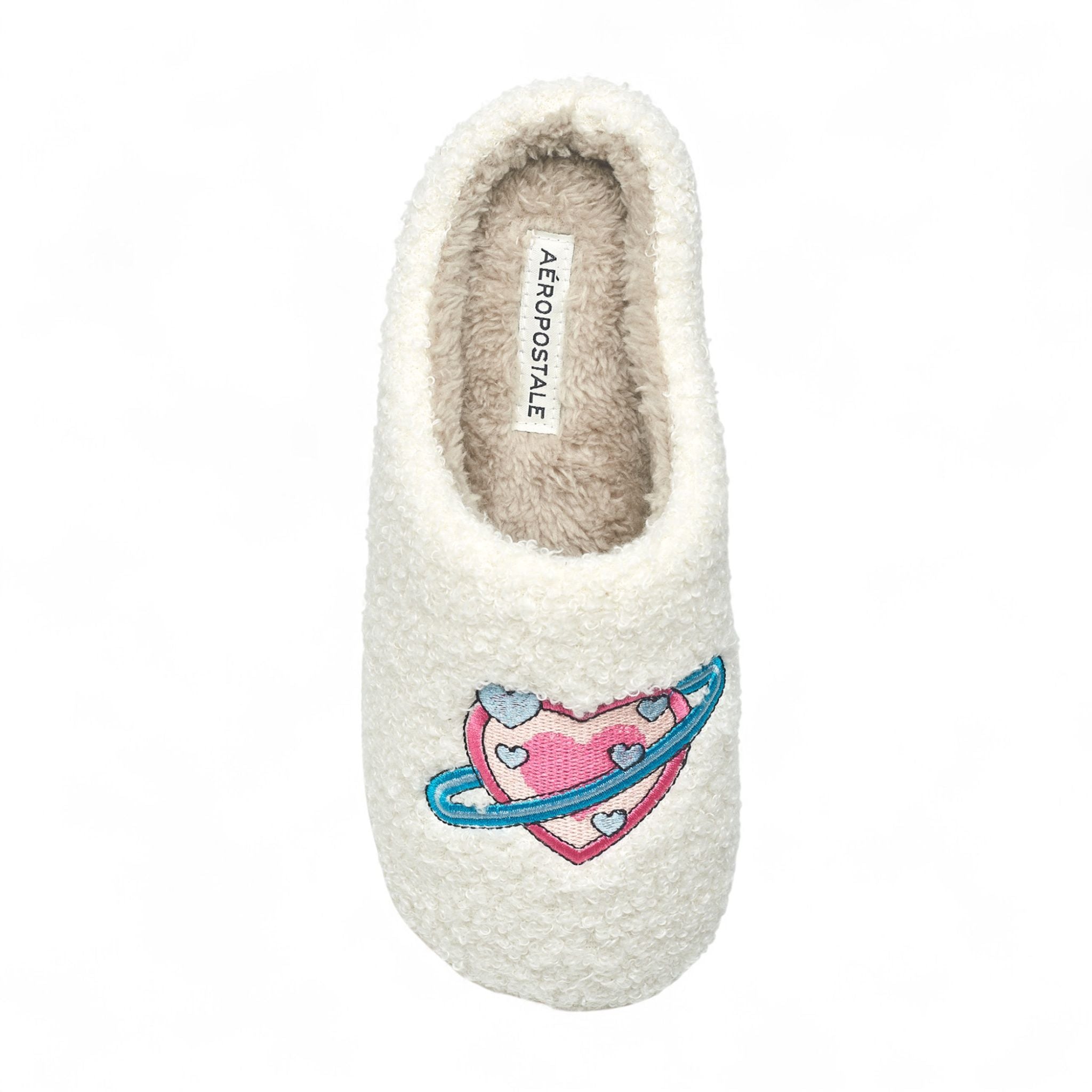 Aéropostale Women’s Fuzzy “Galaxy Heart” Mule Slippers – Ivory Slip-On House Shoes with Pink Heart-Planet & Blue Ring Embroidery