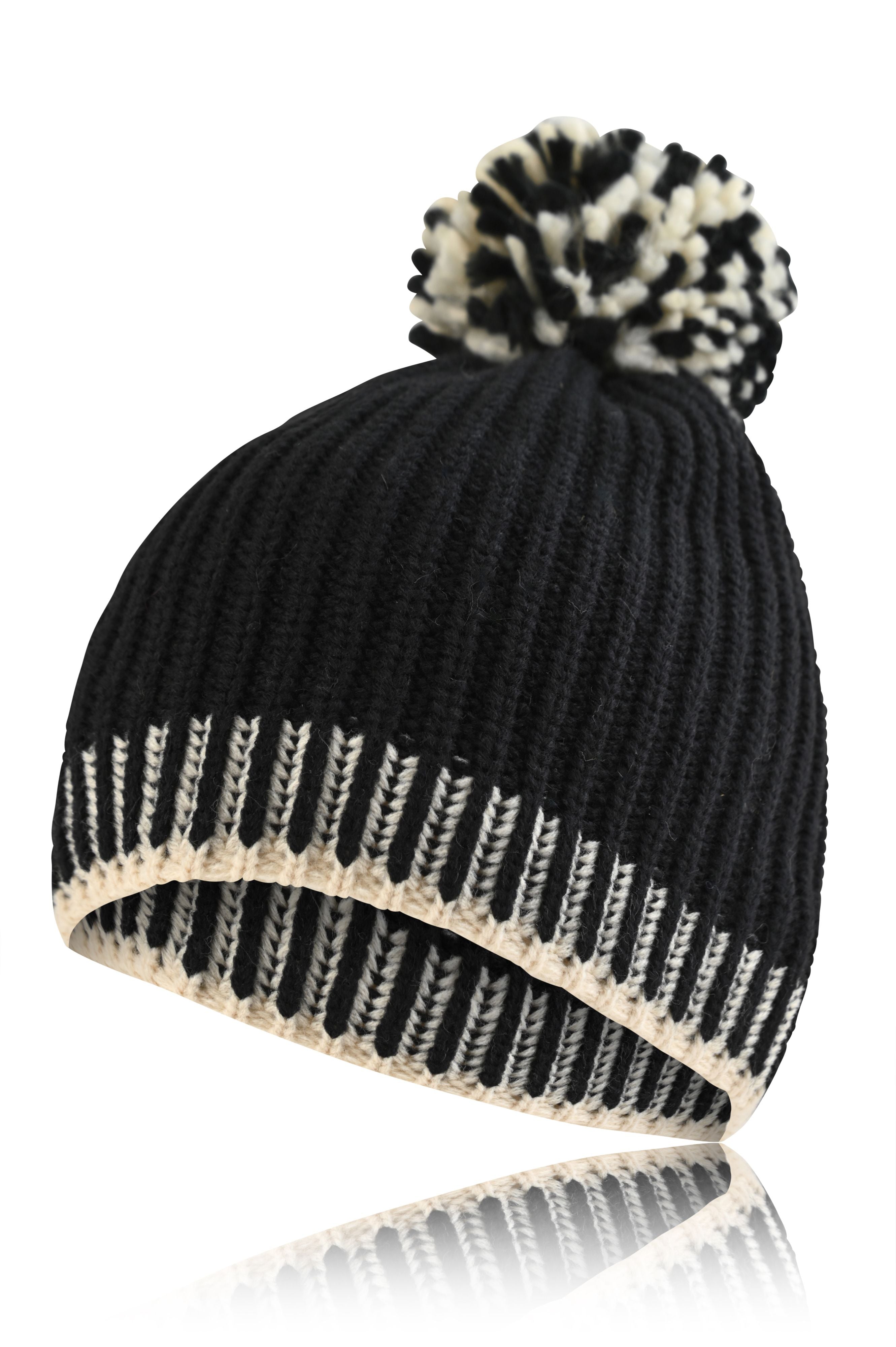 French Connection Beanie Hat for Winter Contrast Design with Pom Pom