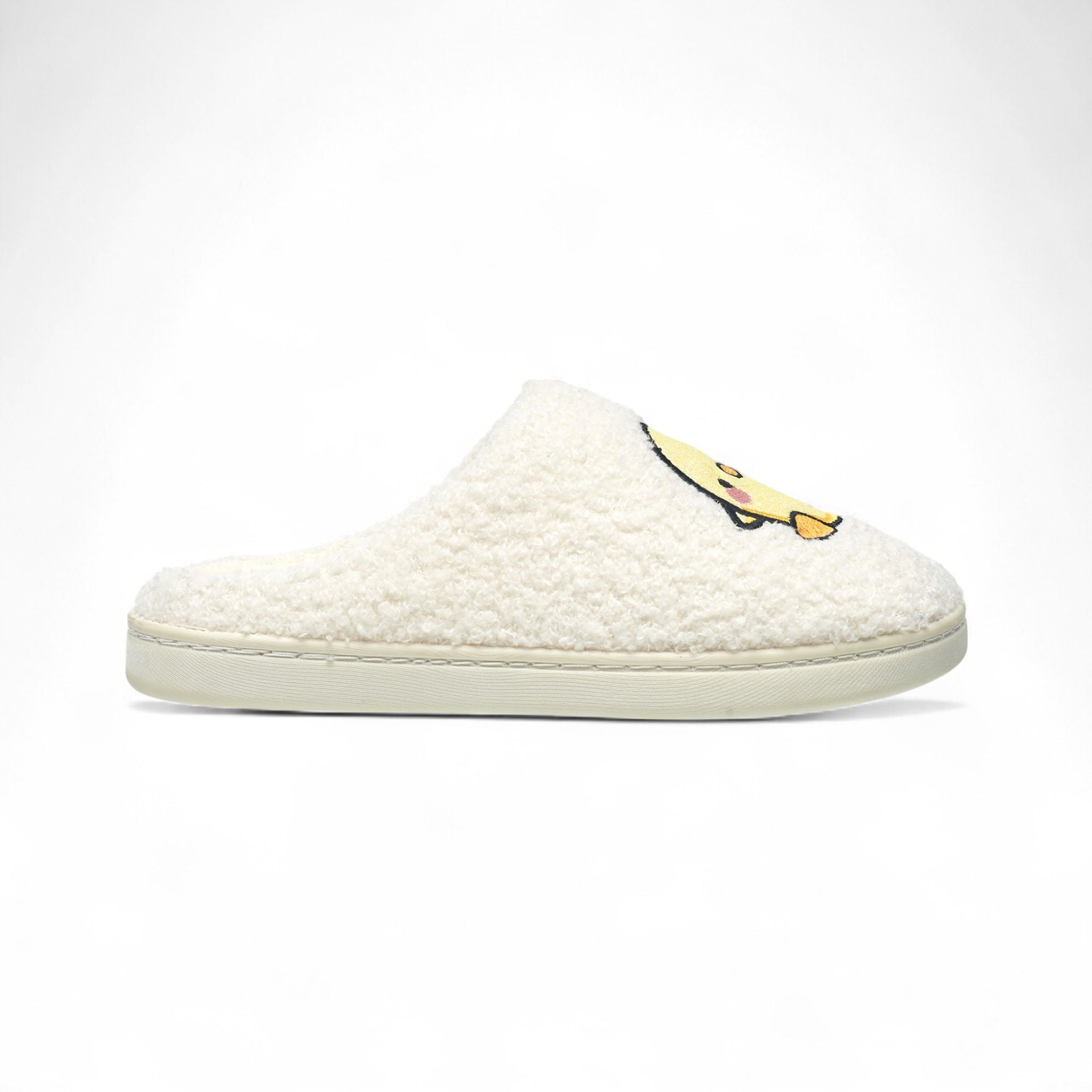 Aéropostale Women’s Fuzzy Chick Mule Slippers – Ivory Slip-On House Shoes with Yellow Embroidered Chick & Flower