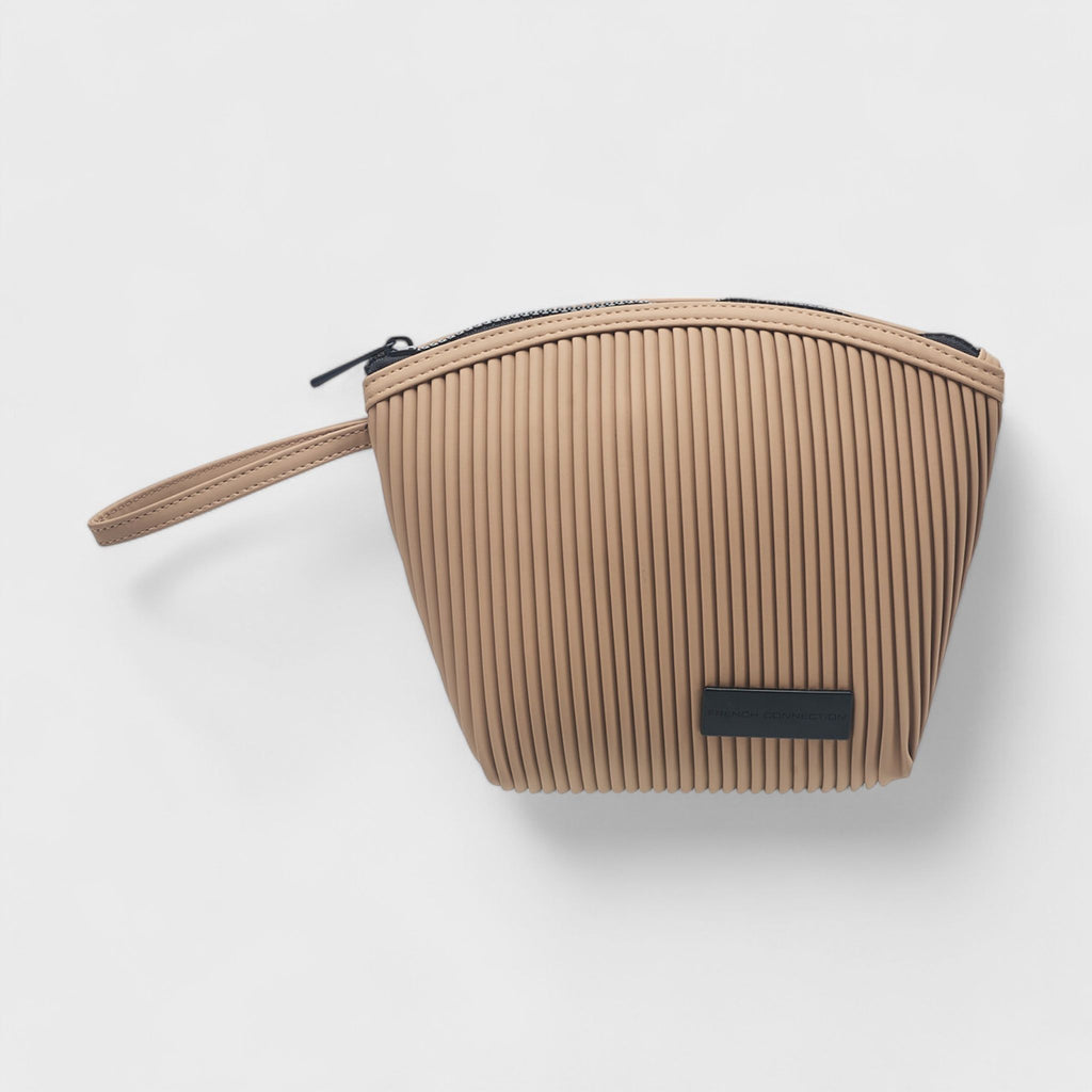 French Connection Ribbed Travel Pouch Bag with Wristlet Strap - Tan