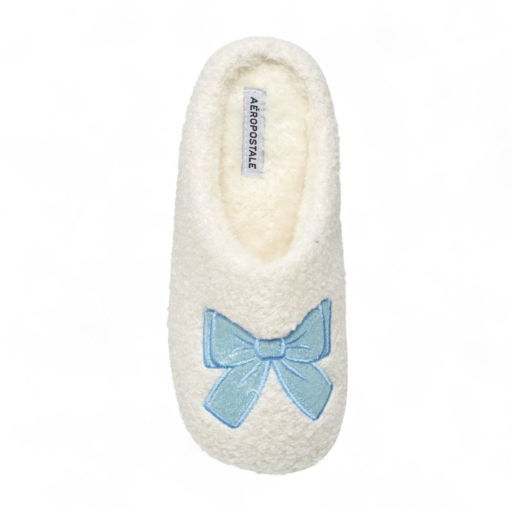 Aéropostale Women’s Fuzzy Pile High Fleece Bow Mule Slippers – Ivory Slip-On House Shoes with Light-Blue Embroidered Bow