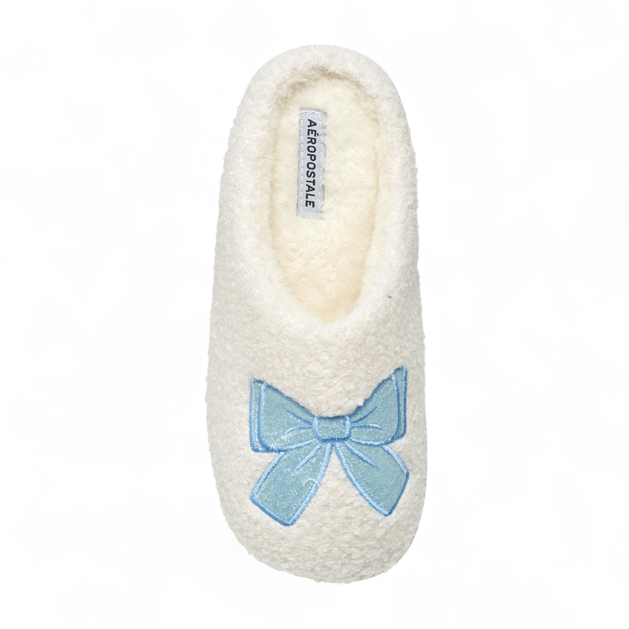 Aéropostale Women’s Fuzzy Pile High Fleece Bow Mule Slippers – Ivory Slip-On House Shoes with Light-Blue Embroidered Bow