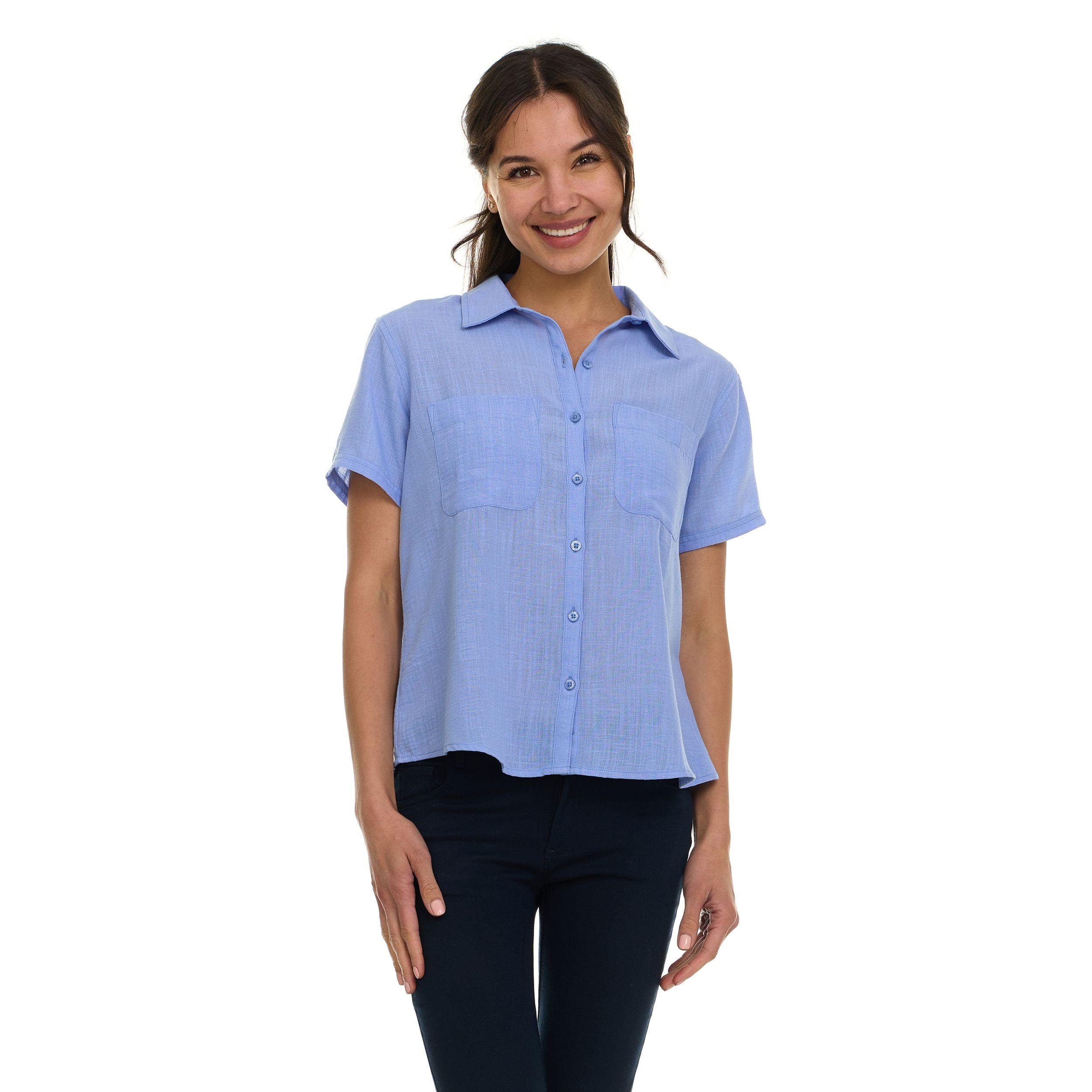 Super Triple Goose Women’s Short Sleeve Linen Shirt – Lightweight Button-Up Collared Blouse with Front Pockets