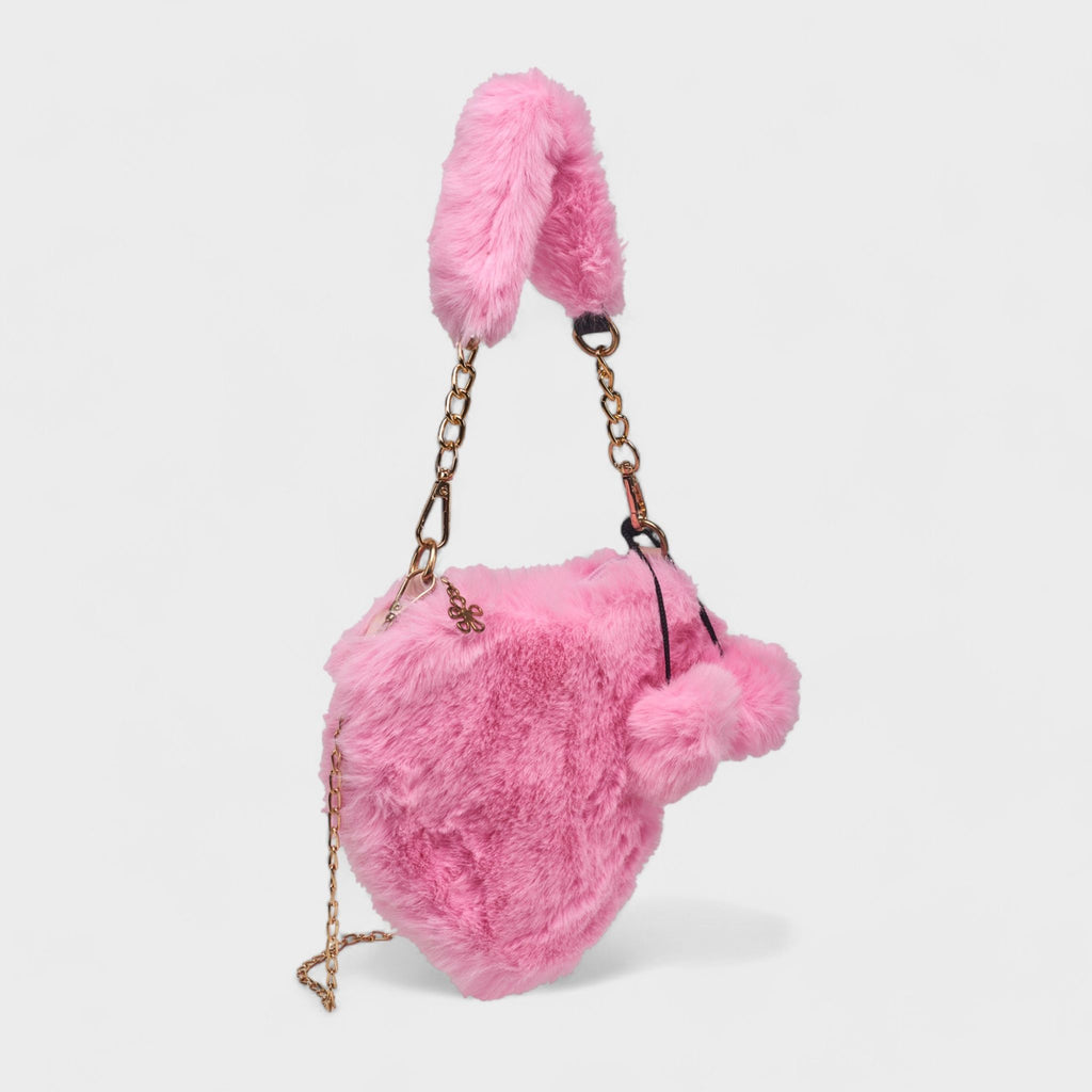 Willow & Ruby Girls Pink Plush Fuzzy Heart Bag - Adorable Soft Faux Fur Shoulder Bag with Chain Strap and Pom-Poms, Perfect for Kids & Tweens