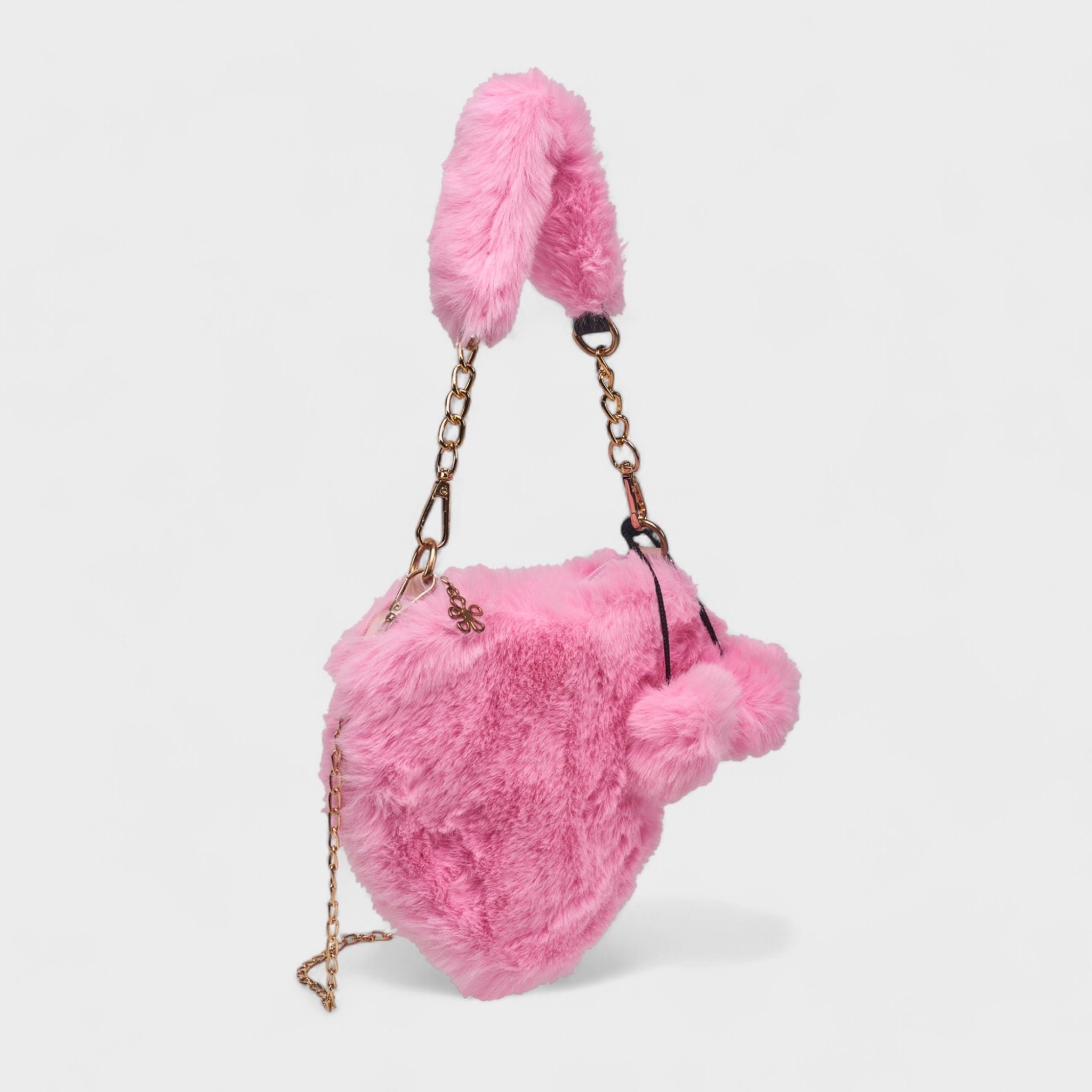 Willow & Ruby Girls Pink Plush Fuzzy Heart Bag - Adorable Soft Faux Fur Shoulder Bag with Chain Strap and Pom-Poms, Perfect for Kids & Tweens