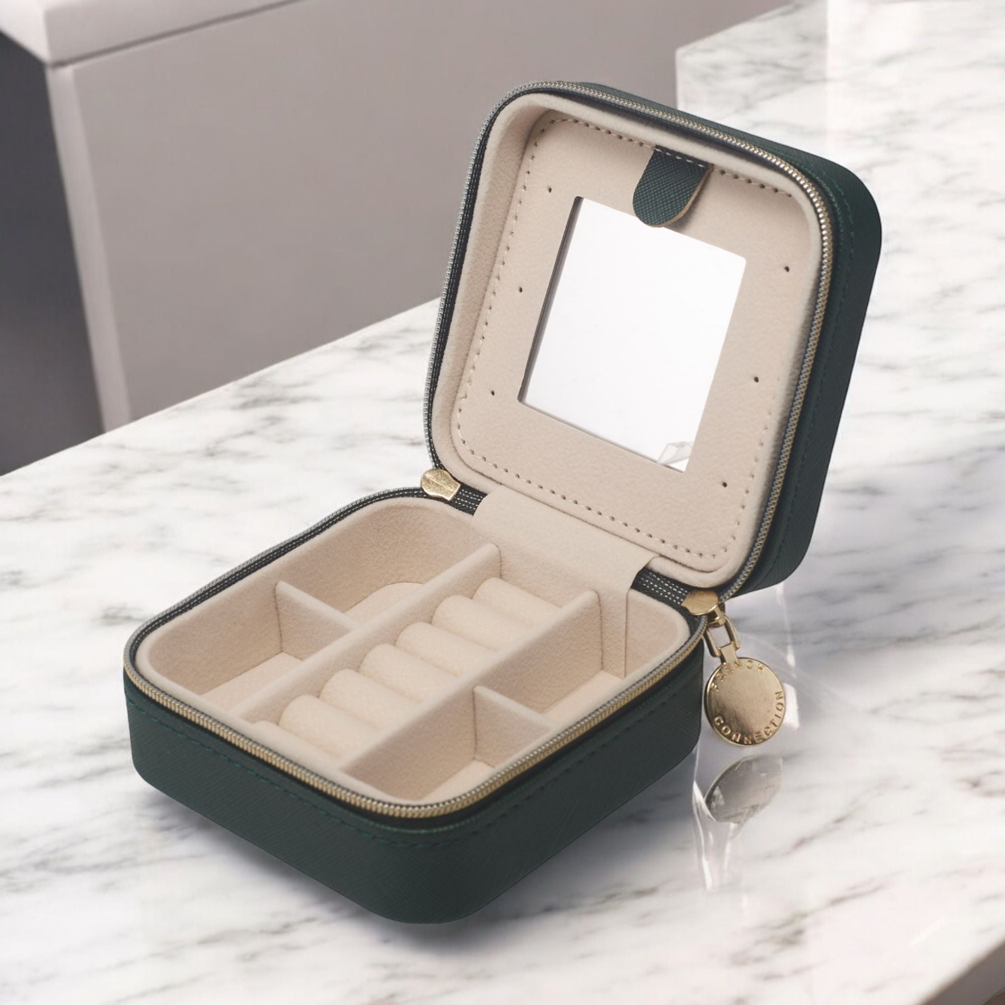 French Connection Small Travel Accessory Organizer with Mirror – Compact Jewelry Storage Box, Faux Leather