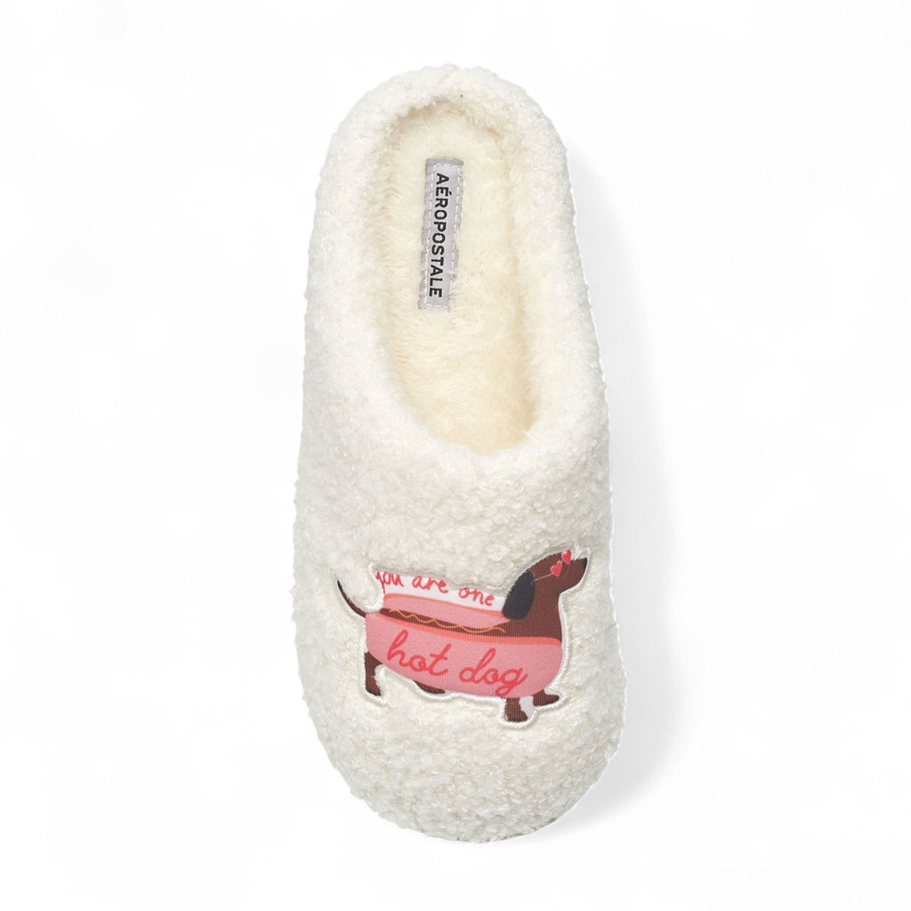 Aéropostale Women’s Fuzzy “Hot Dog Dachshund” Mule Slippers – Ivory Slip-On House Shoes with Playful Sausage-Dog & Pun Embroidery