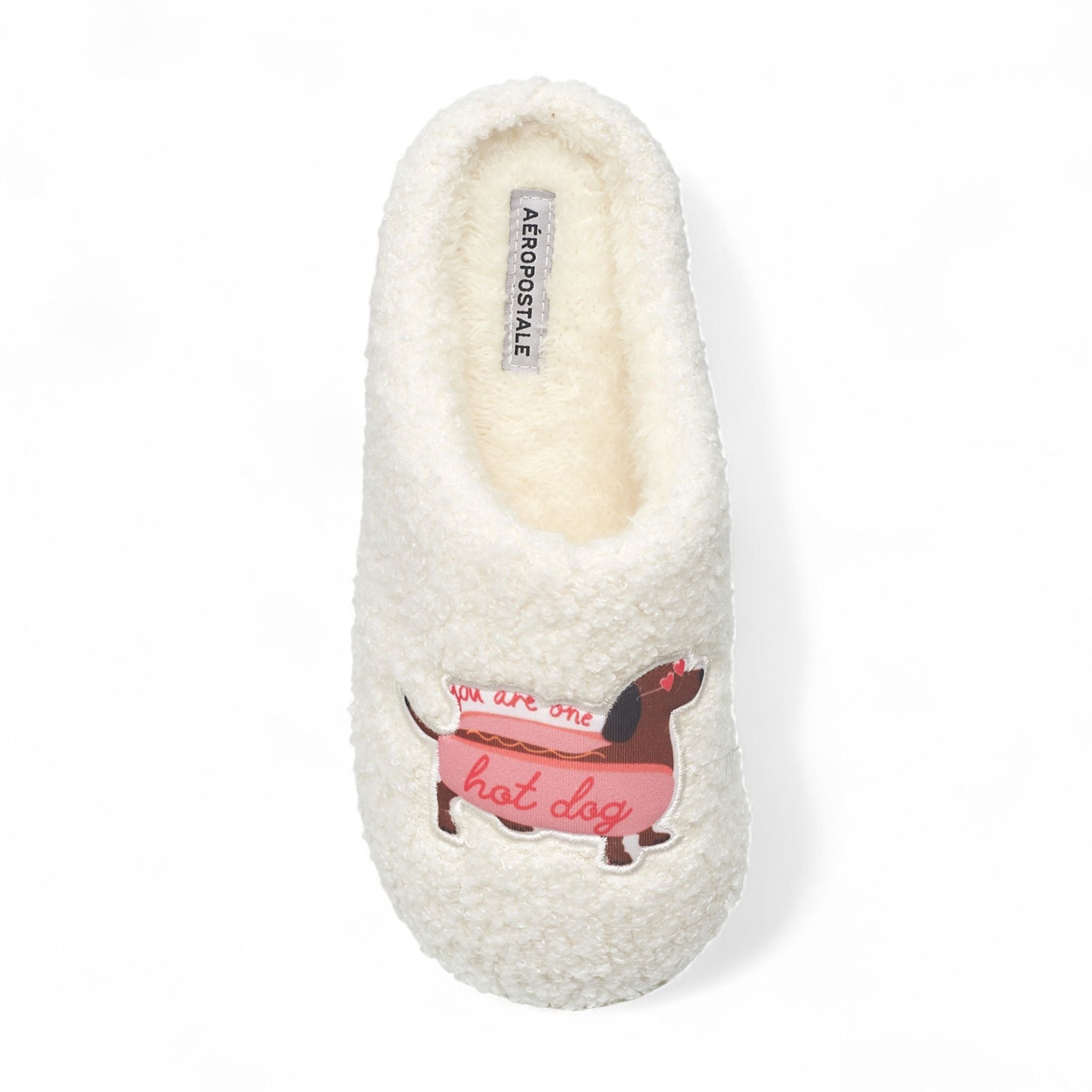 Aéropostale Women’s Fuzzy “Hot Dog Dachshund” Mule Slippers – Ivory Slip-On House Shoes with Playful Sausage-Dog & Pun Embroidery