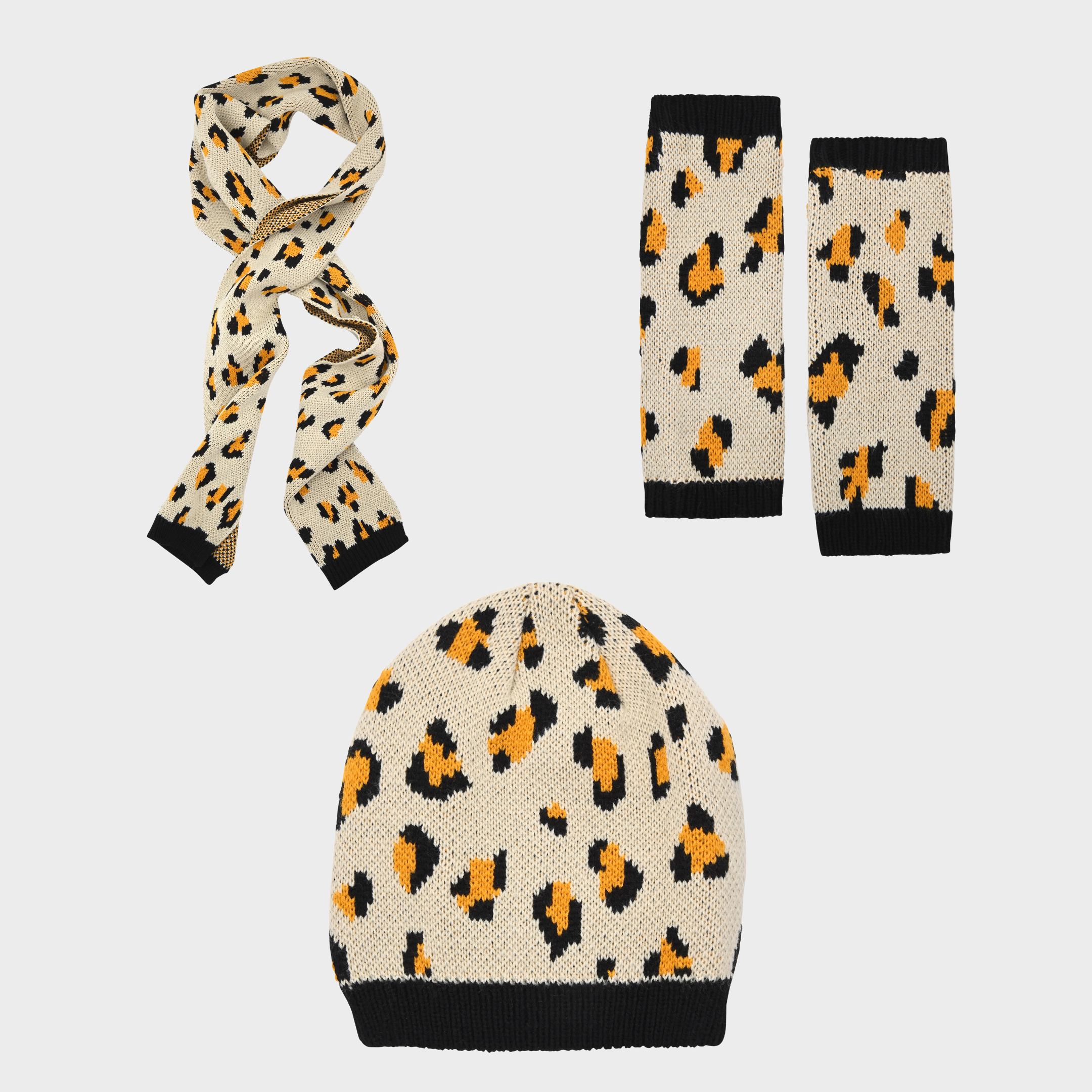 French Connection Women's 3-Piece Leopard Print Winter Set - Beanie, Scarf, & Leg Warmers