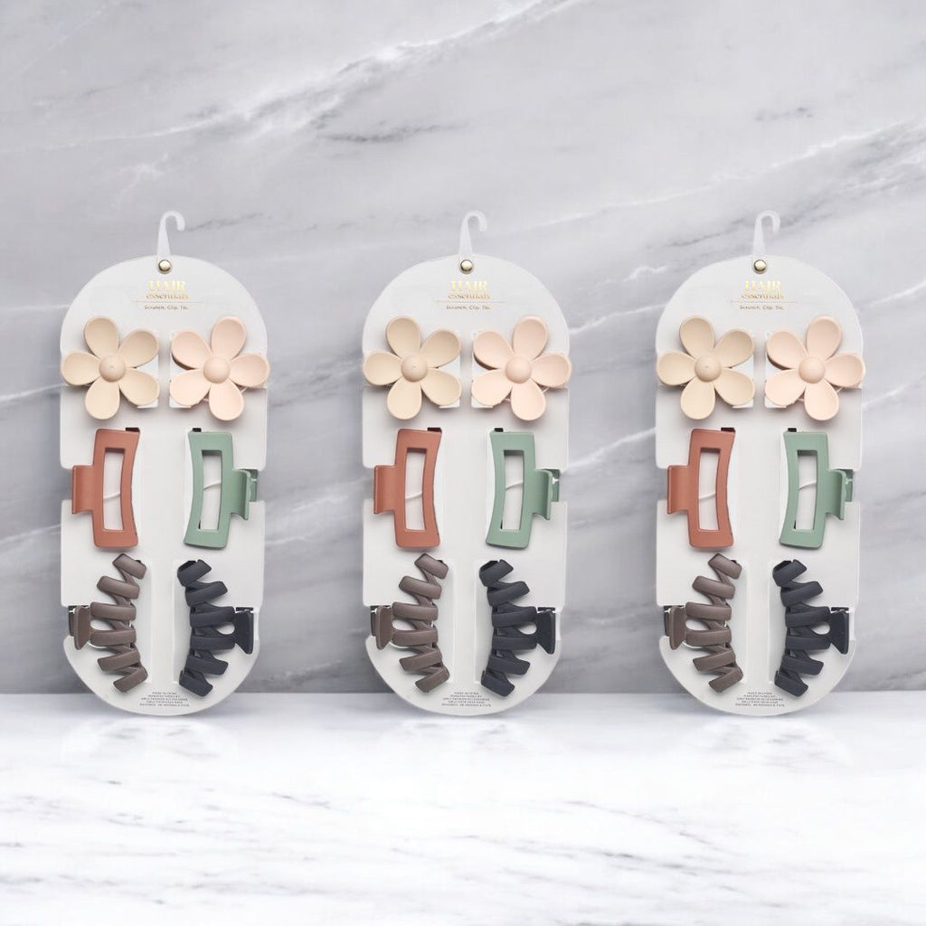 Hair Essentials Women's Hair Clip Set - Flower, Rectangle, and Modern Claw Clips in Neutral Colors, (6-Piece or 18-Piece Packs)