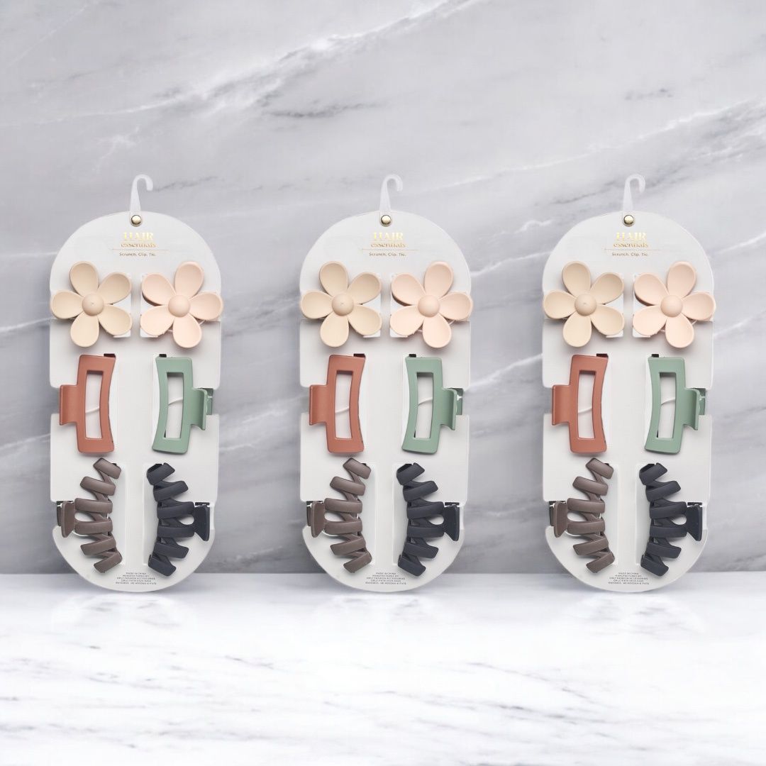 Hair Essentials Women's Hair Clip Set - Flower, Rectangle, and Modern Claw Clips in Neutral Colors, (6-Piece or 18-Piece Packs)